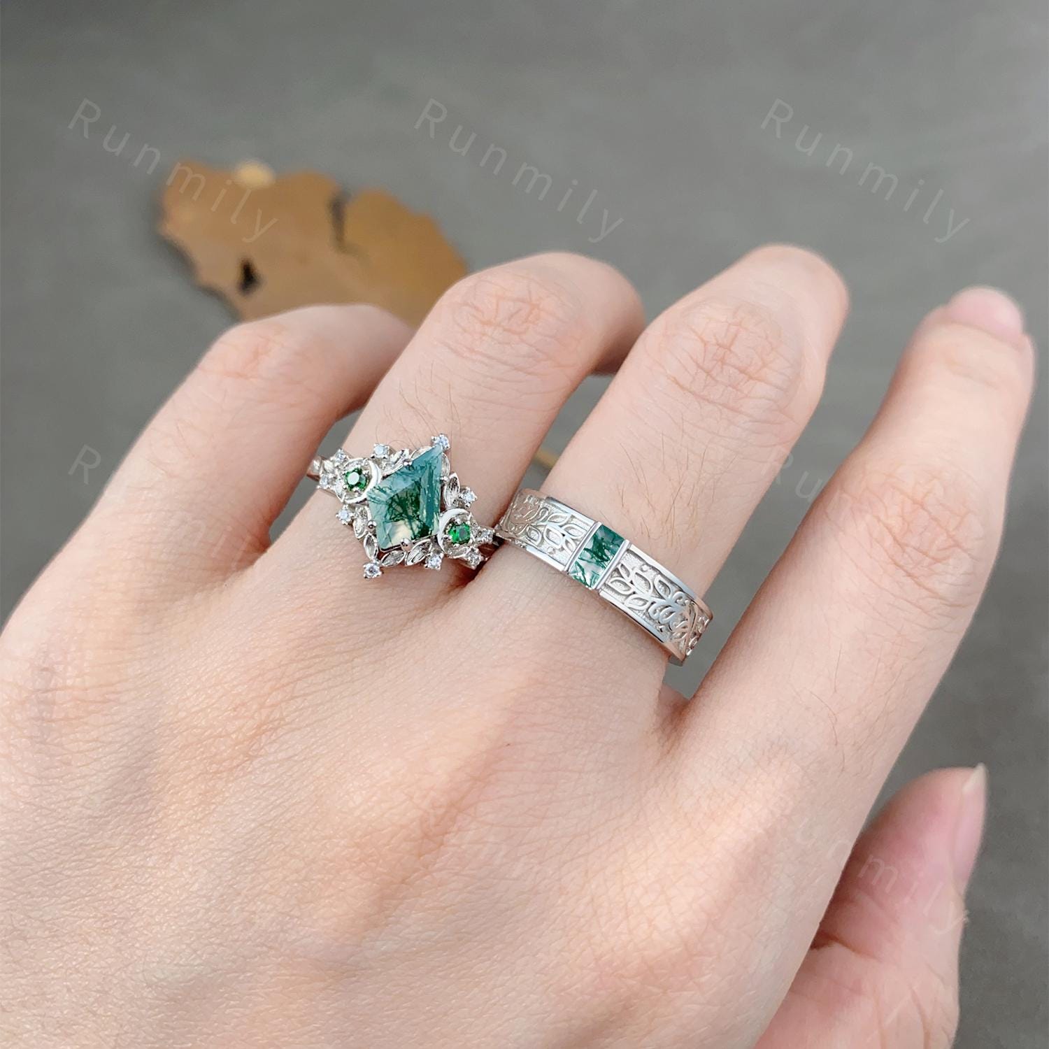 Antique Natural Moss Agate Couples Ring Set Leaf Style Promise Ring For Men For Women Vintage His and Hers Wedding Band Mens Baguette Ring