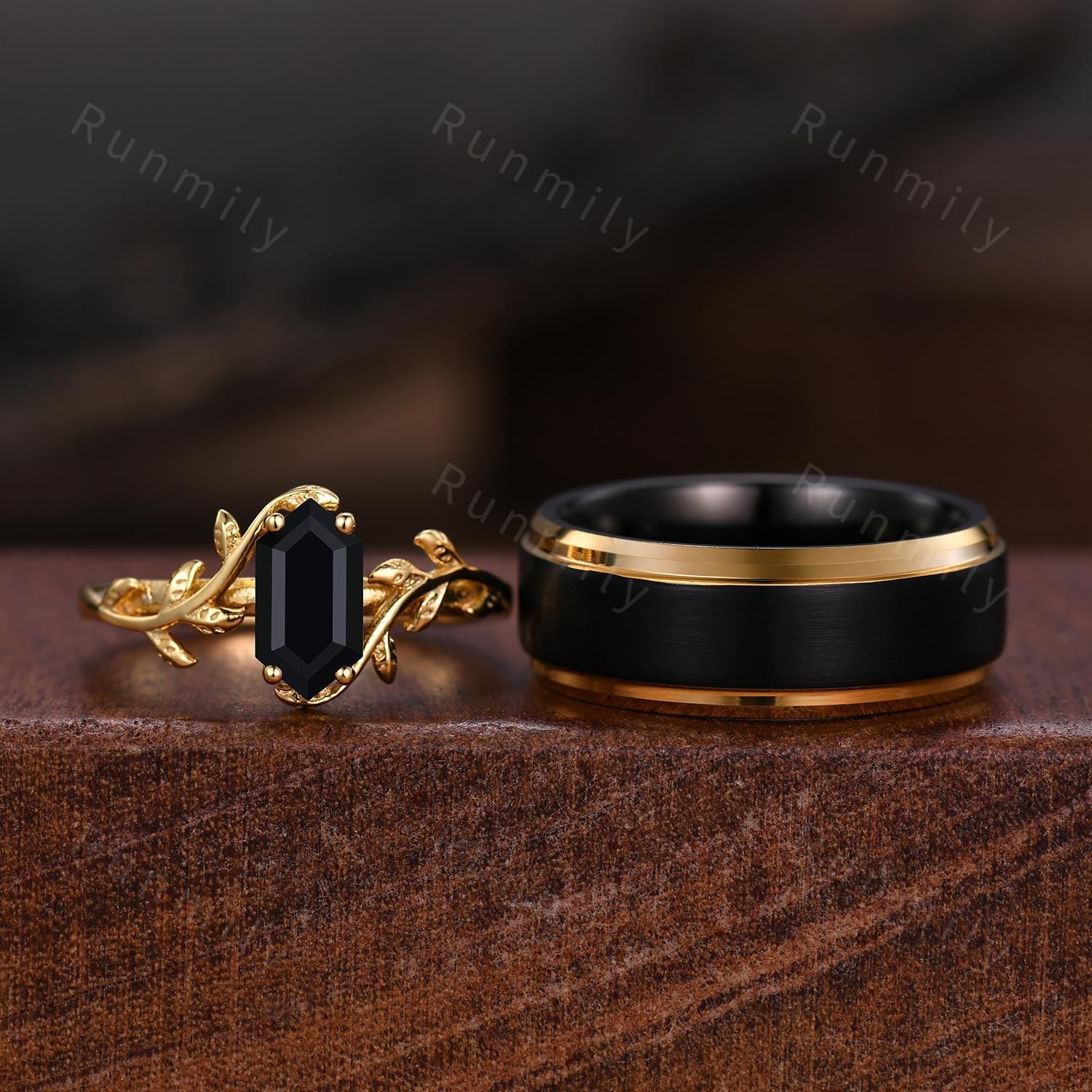 Twig Leaf Black Onyx Couples Ring Yellow Gold Matching Ring Set His And Hers Wedding Band Promise Ring For Men For Women Natural Black Onyx