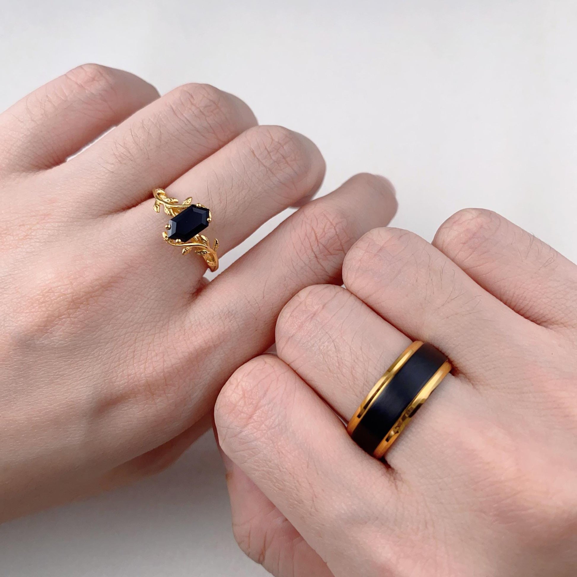 Twig Leaf Black Onyx Couples Ring Yellow Gold Matching Ring Set His And Hers Wedding Band Promise Ring For Men For Women Natural Black Onyx