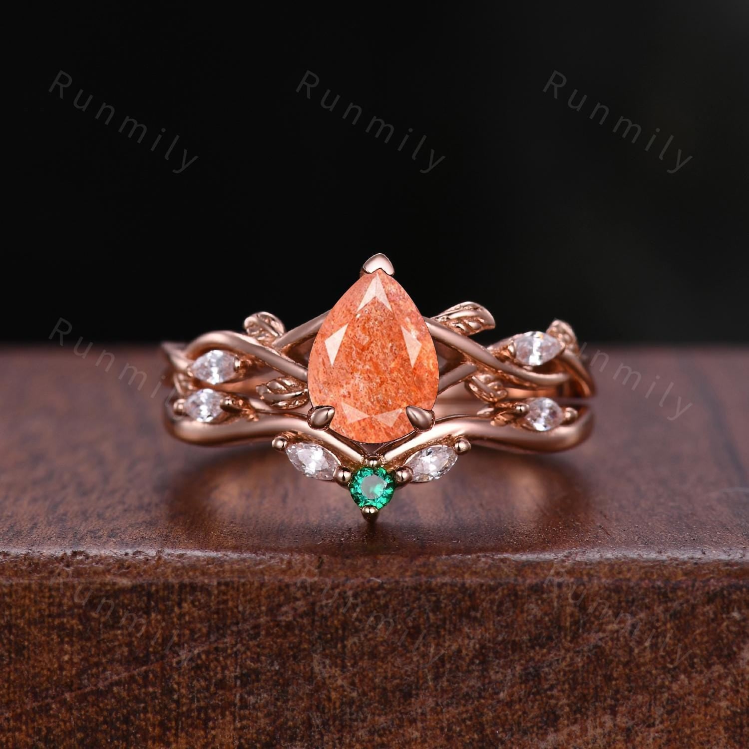 Vintage Pear Shaped Sunstone Engagement Ring Set Rose Gold Twig Vine Emerald Curved Band Nature Inspired Bridal Promise Ring Orange Stone