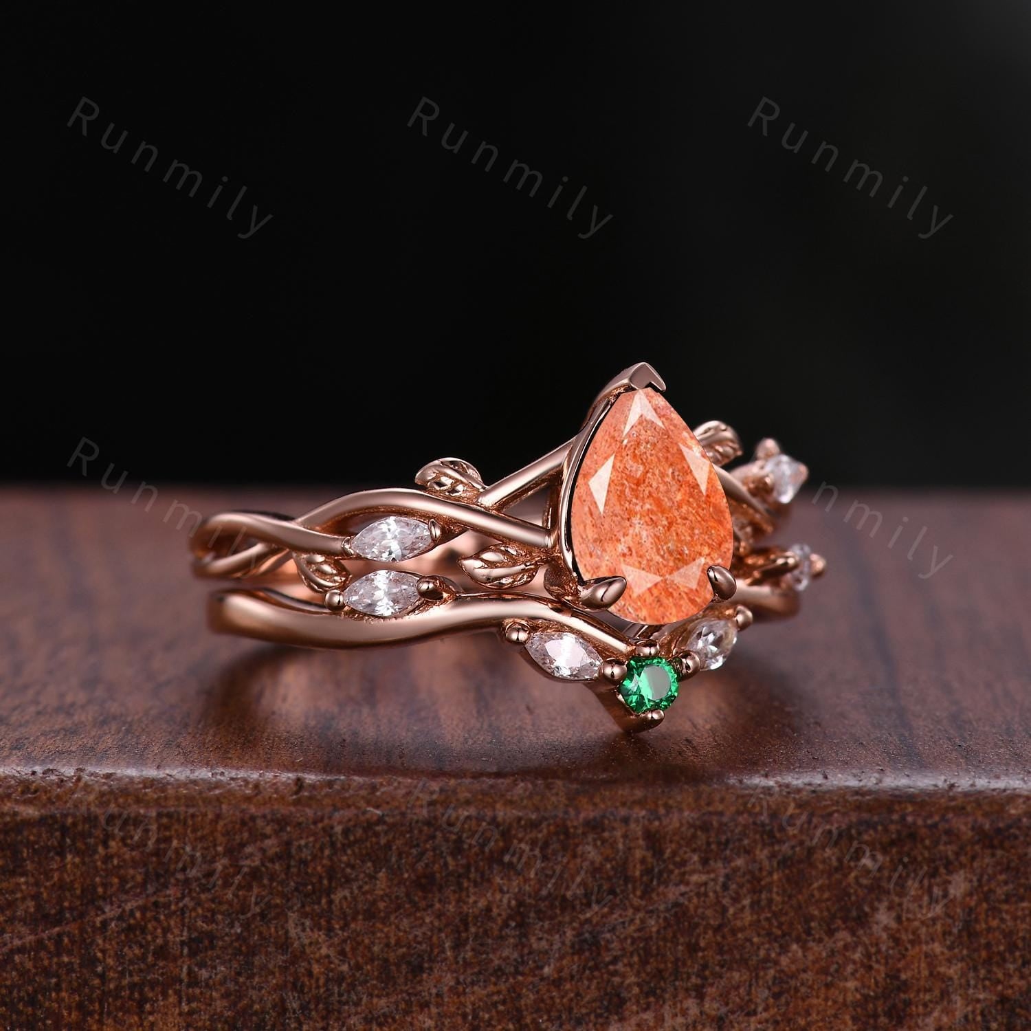 Vintage Pear Shaped Sunstone Engagement Ring Set Rose Gold Twig Vine Emerald Curved Band Nature Inspired Bridal Promise Ring Orange Stone