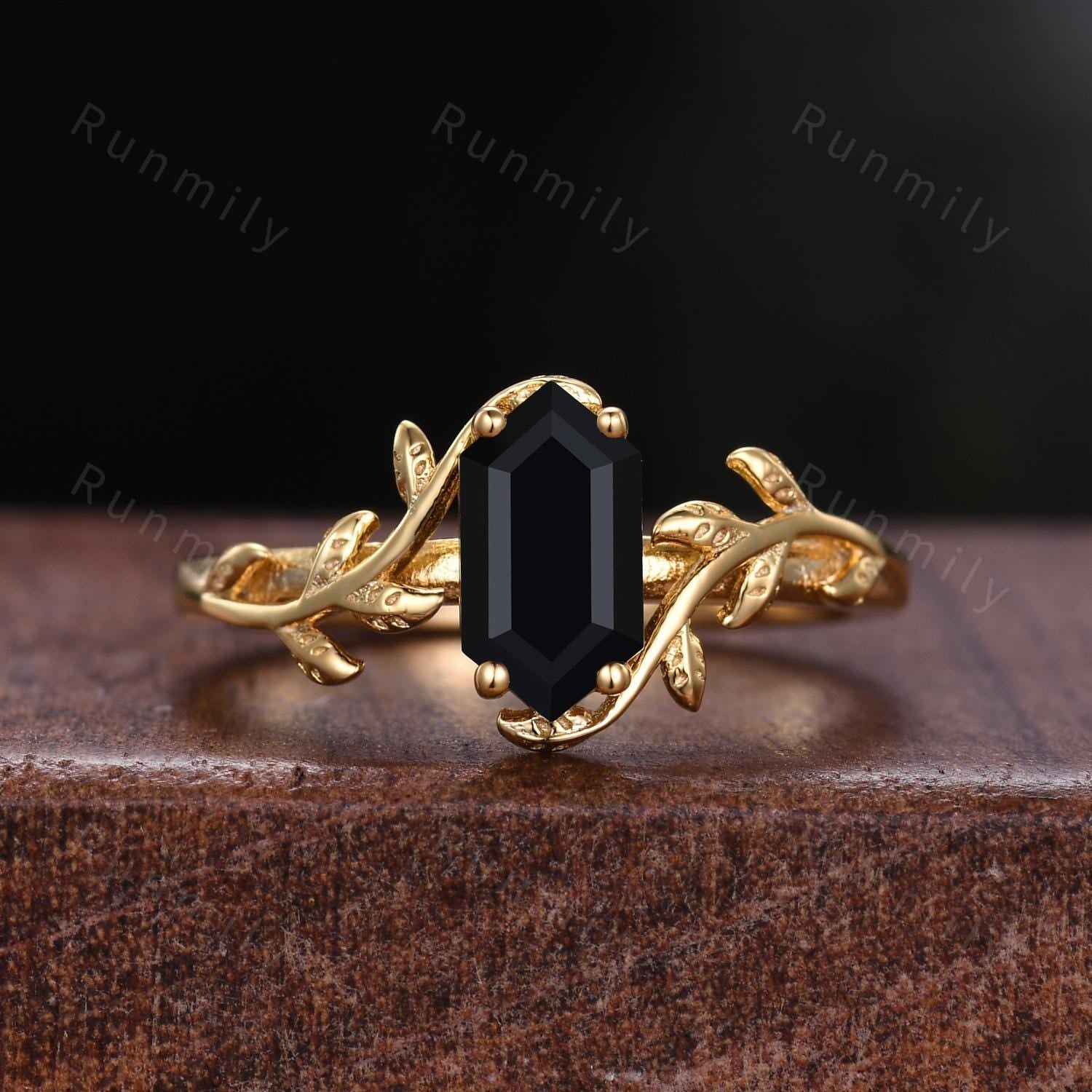 2PCS Black Onyx Couples Ring Set Yellow Gold Matching His and Hers Wedding Band Mens Meteorite Gold Leaf Ring Natural Black Gemstone Ring