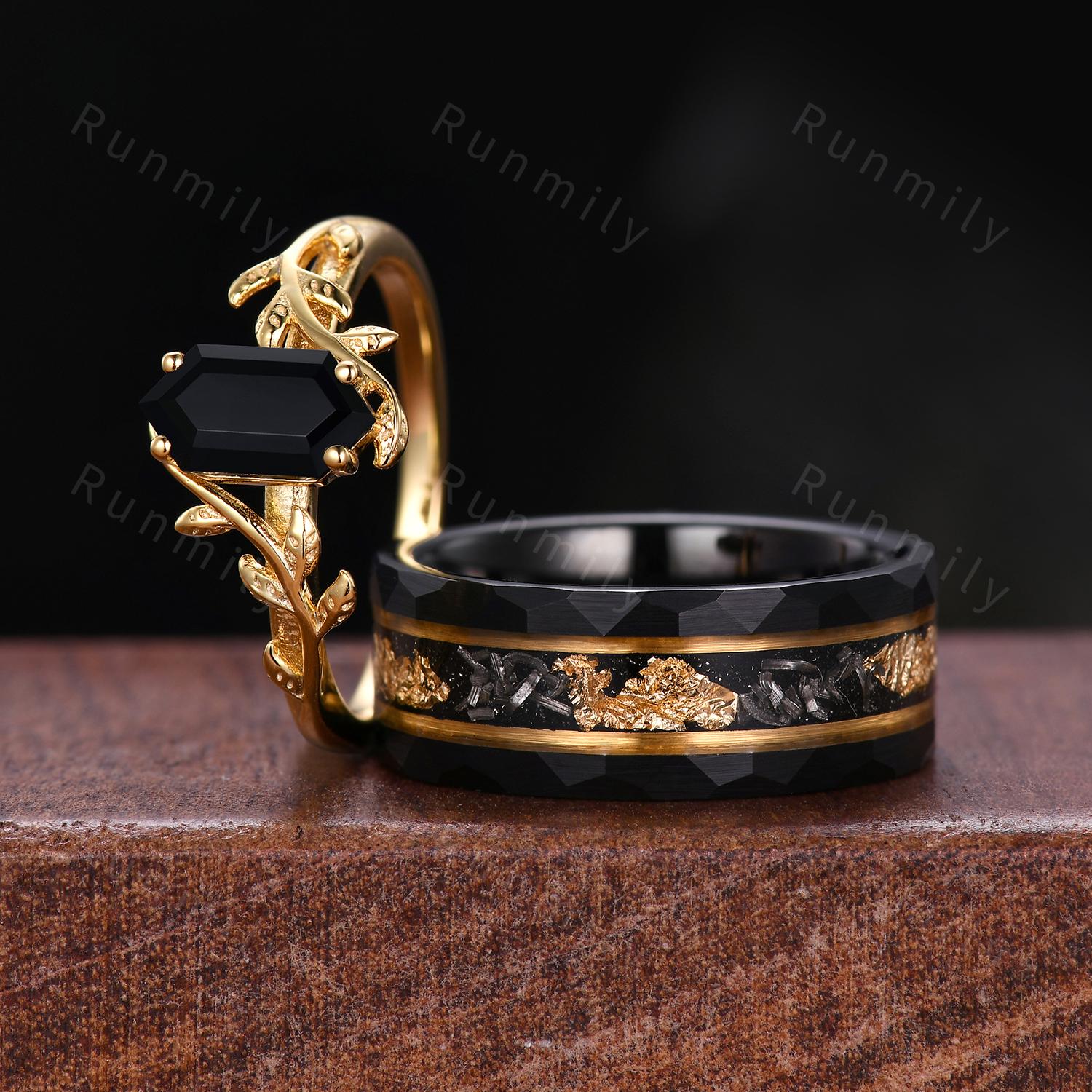 2PCS Black Onyx Couples Ring Set Yellow Gold Matching His and Hers Wedding Band Mens Meteorite Gold Leaf Ring Natural Black Gemstone Ring