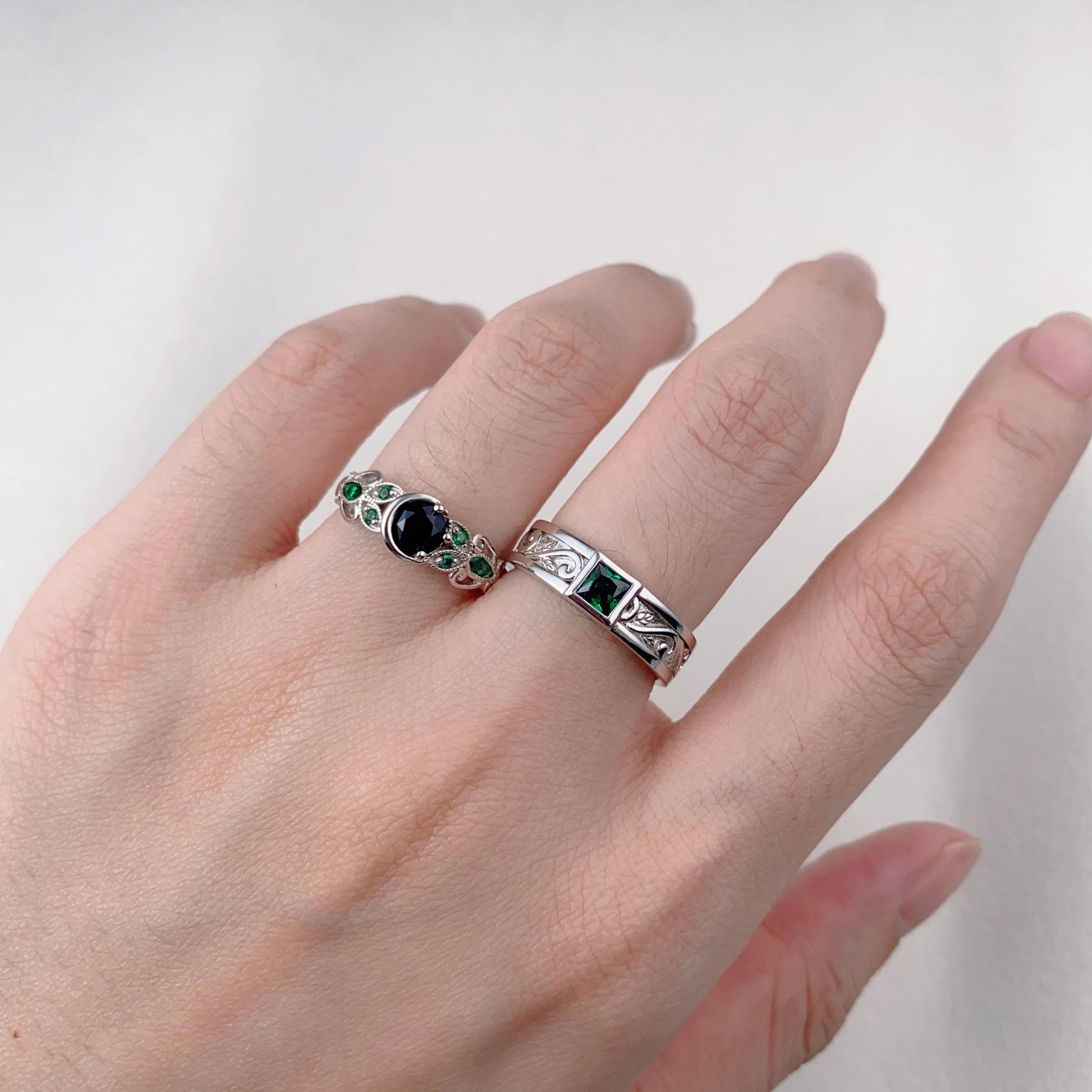 Black onyx Emerald couples ring set vintage twig leaf ring sterling silver His and Hers wedding band Mens emerald ring Antique promise ring