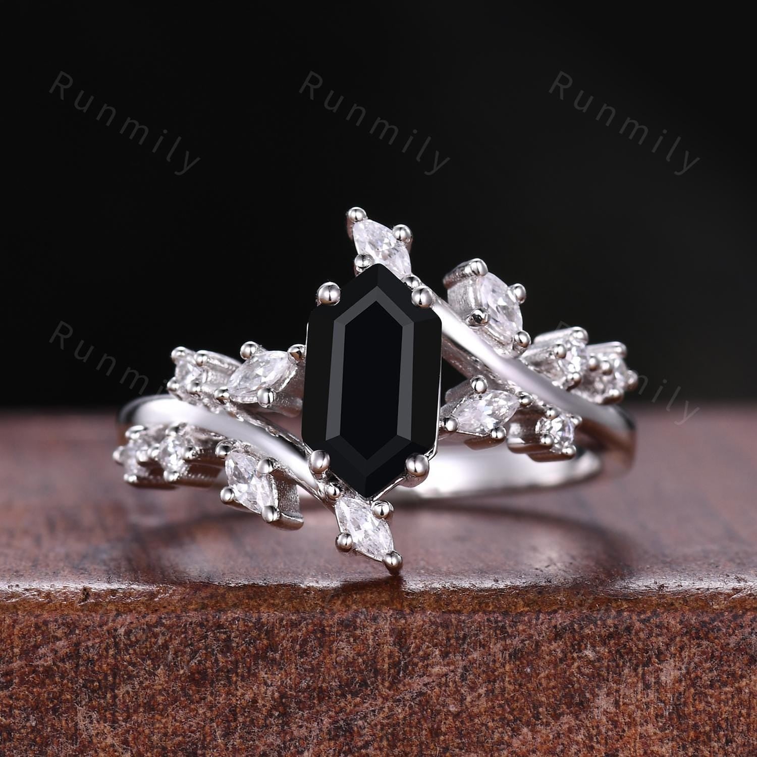 Hexagon cut black onyx couples ring vintage cluster ring Silver His and Hers wedding band Mens meteorite ring black gemstone matching rings