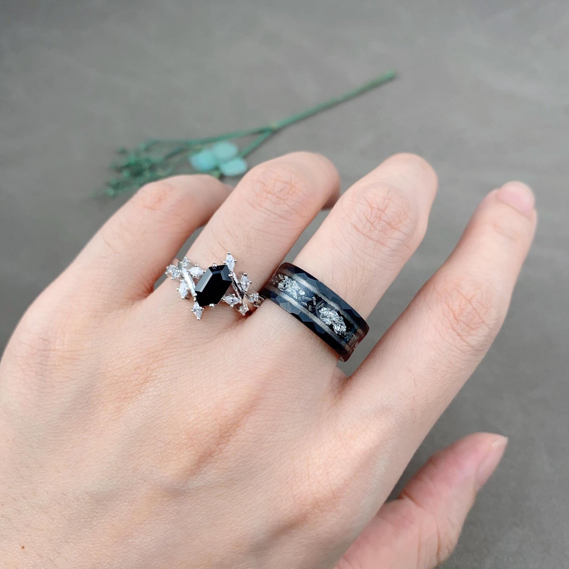 Gothic black rutilated quartz couples ring set vintage vine diamond cluster ring black gold His and Hers wedding band Mens engagement ring
