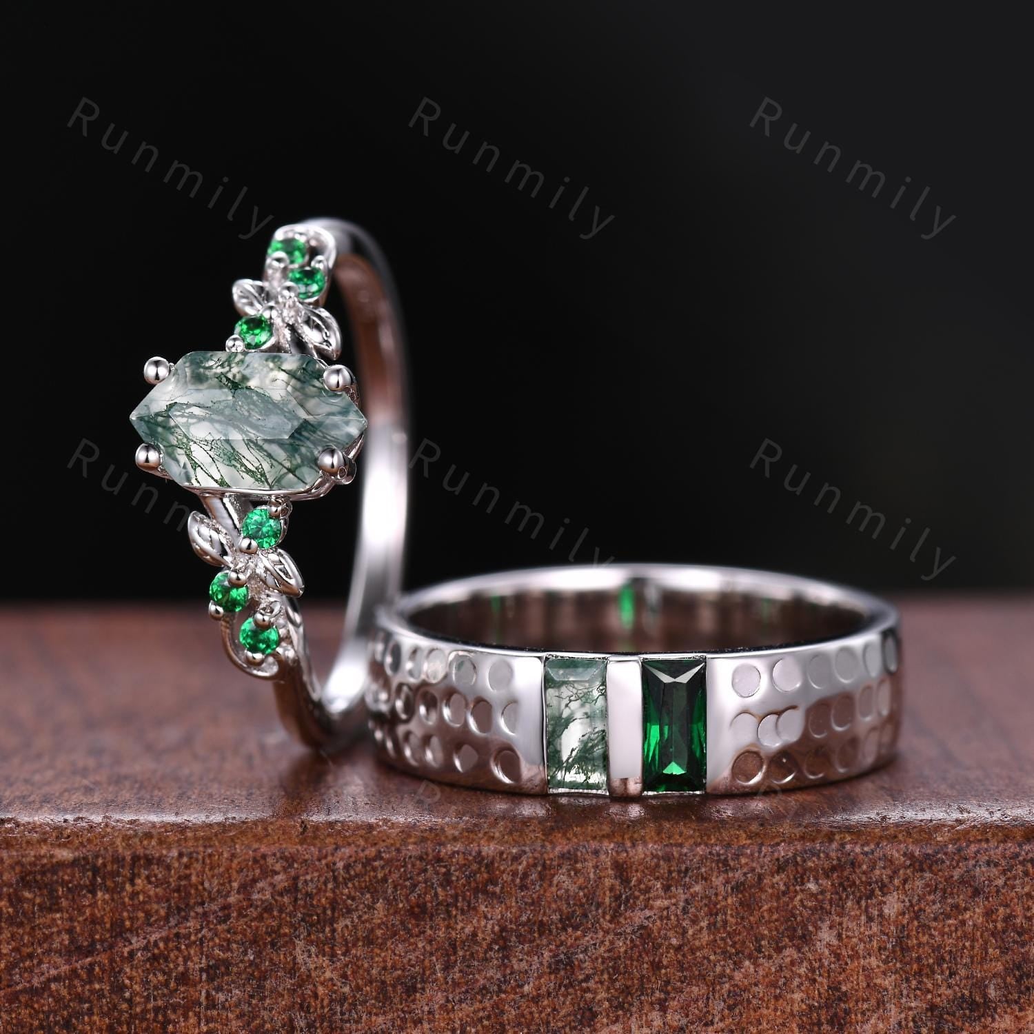 Natural Moss Agate & Emerald Couples Ring Sterling Silver His and Hers Wedding Band Mens Baguette Cut Ring Matching Couple Promise Ring Set