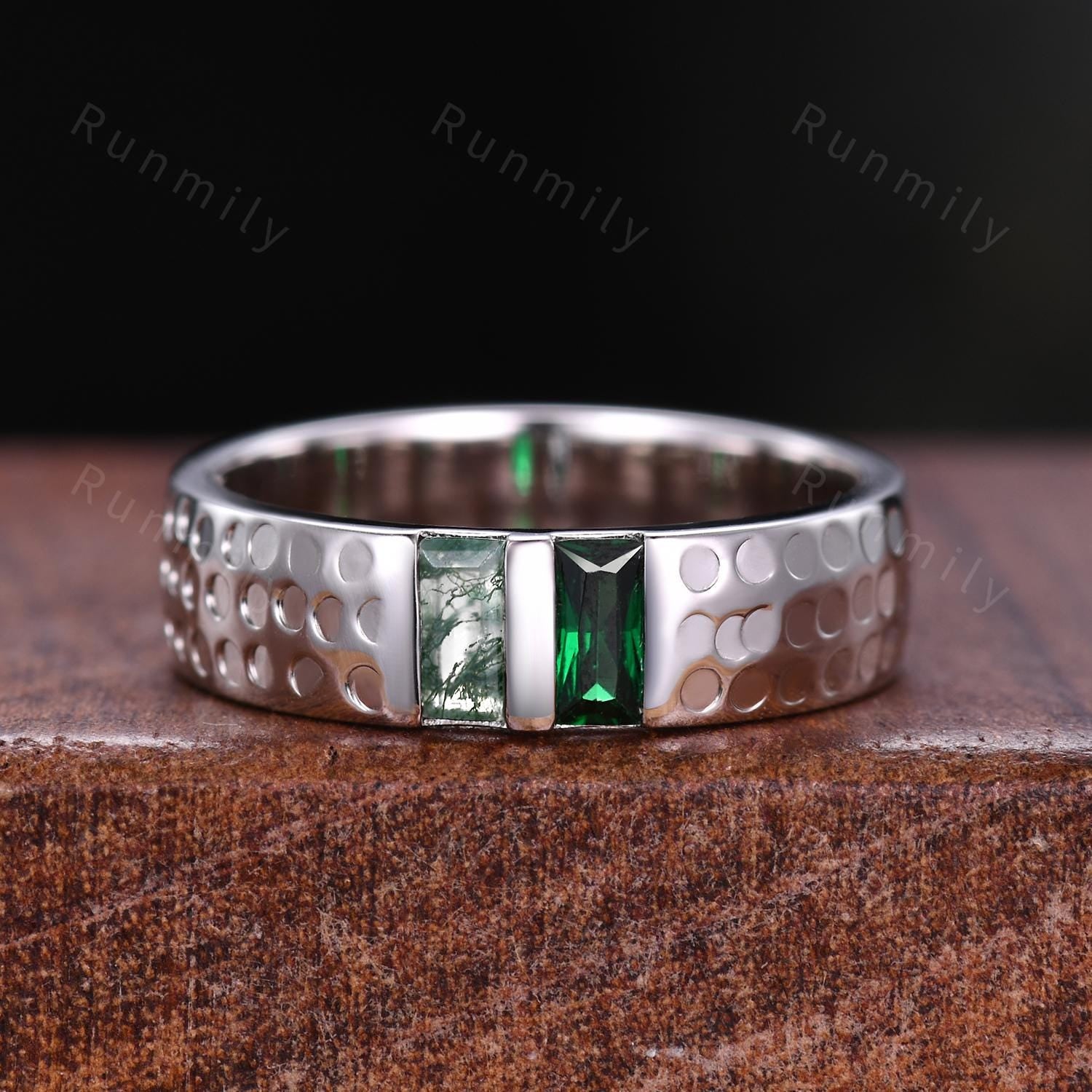 Natural Moss Agate & Emerald Couples Ring Sterling Silver His and Hers Wedding Band Mens Baguette Cut Ring Matching Couple Promise Ring Set