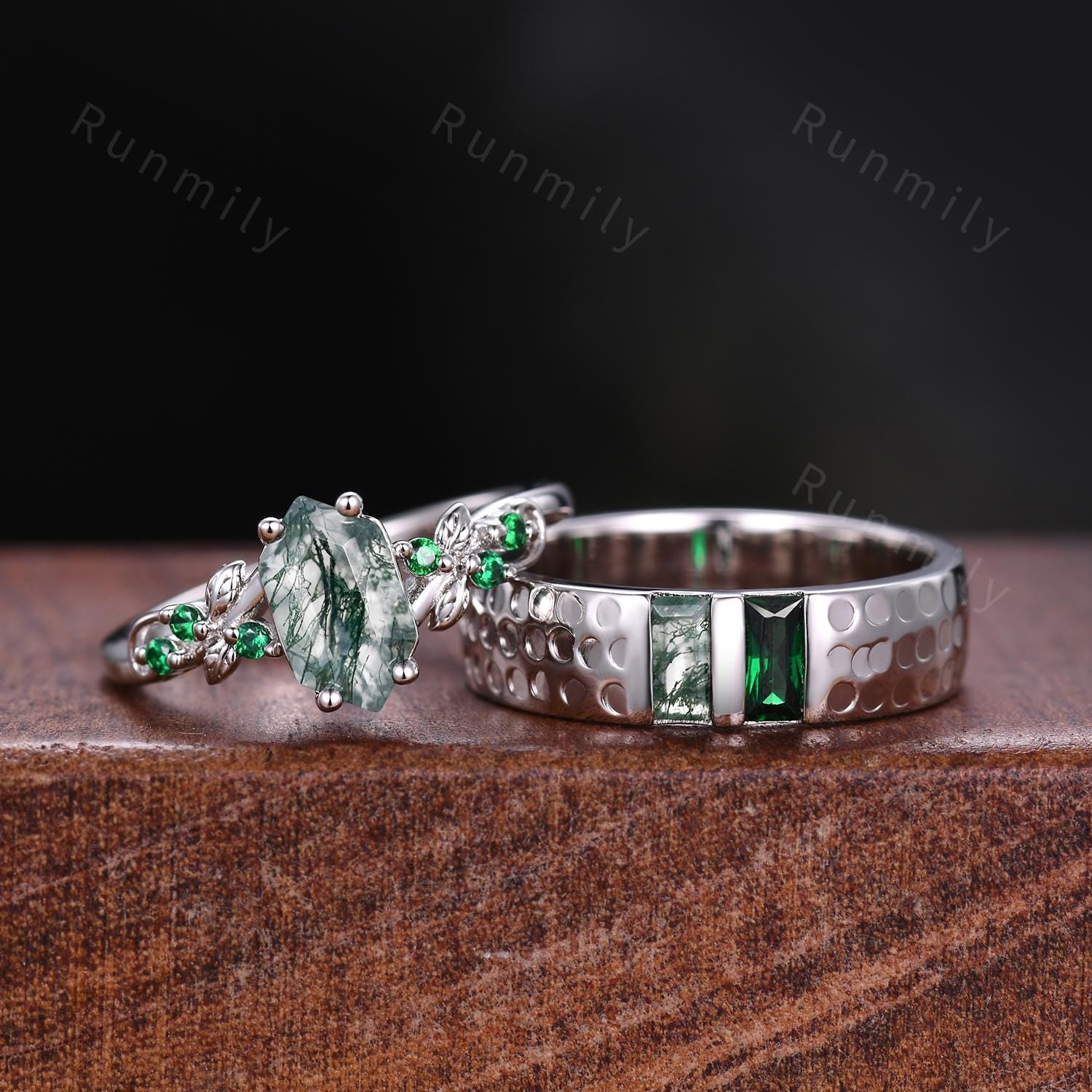 Natural Moss Agate & Emerald Couples Ring Sterling Silver His and Hers Wedding Band Mens Baguette Cut Ring Matching Couple Promise Ring Set