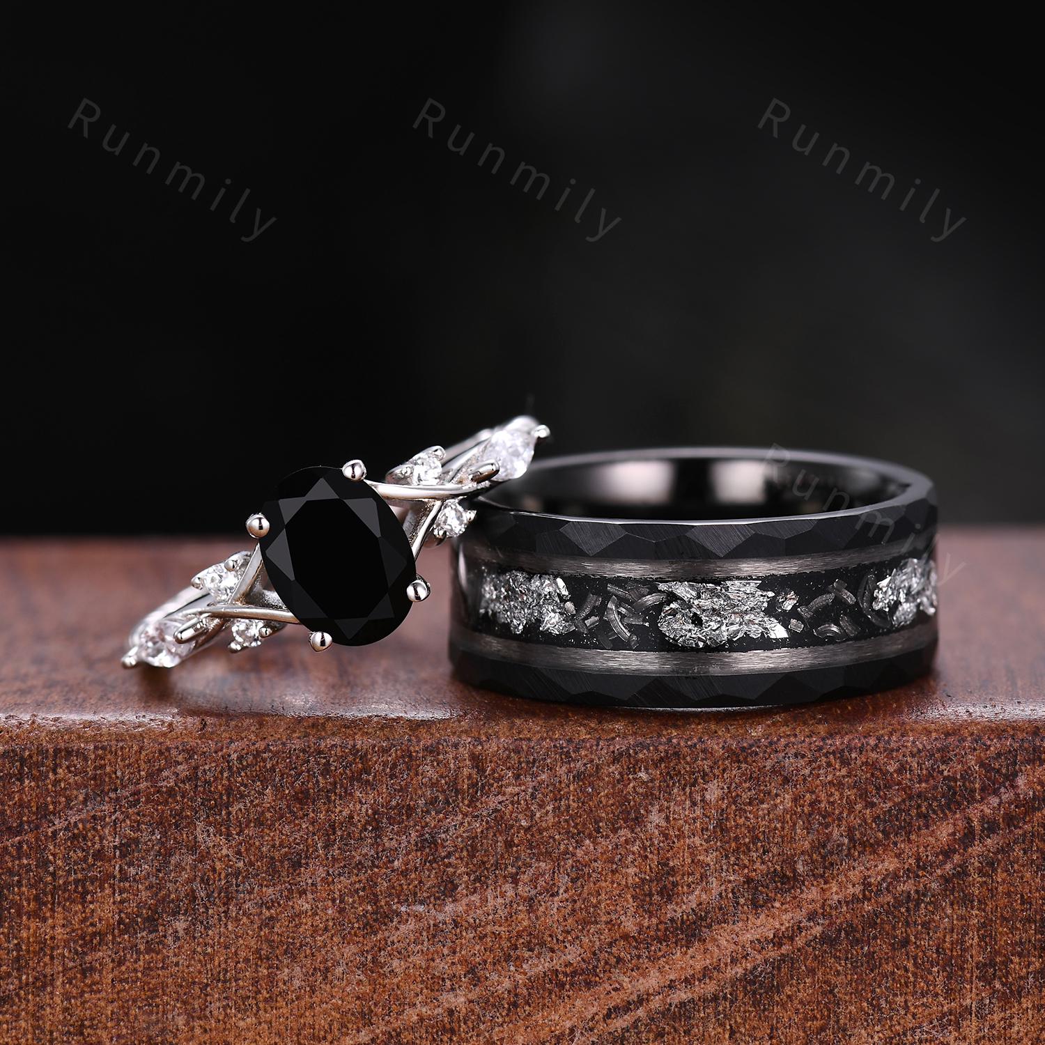 Oval Cut Black Onyx Couples Ring Set Silver Unique His And Hers Wedding Band Mens Meteorite Tungsten Ring Black Gemstone Promise Rings