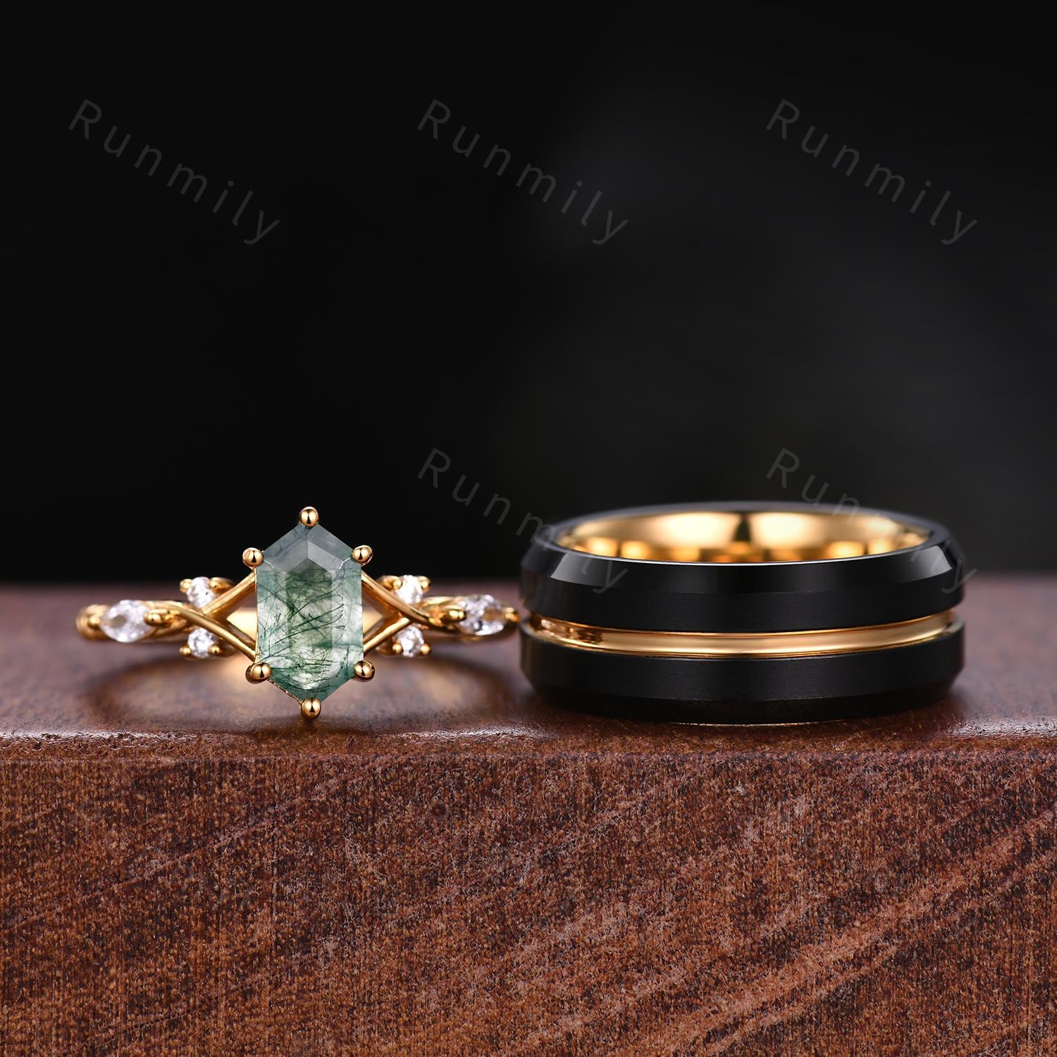 Natural Moss Agate Couples Ring Yellow Gold Matching Ring Set His and Hers Wedding Band Promise Ring For Men For Women Hexagon cut Ring