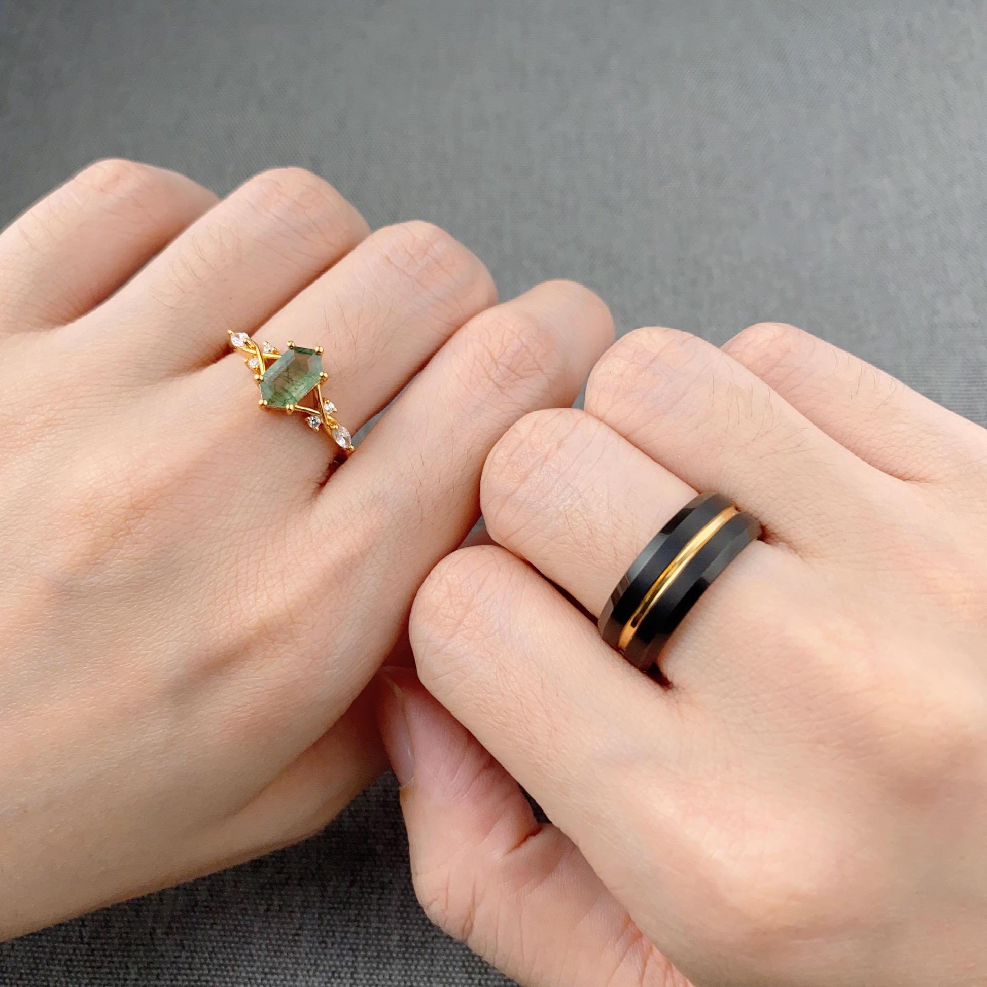 Natural Moss Agate Couples Ring Yellow Gold Matching Ring Set His and Hers Wedding Band Promise Ring For Men For Women Hexagon cut Ring