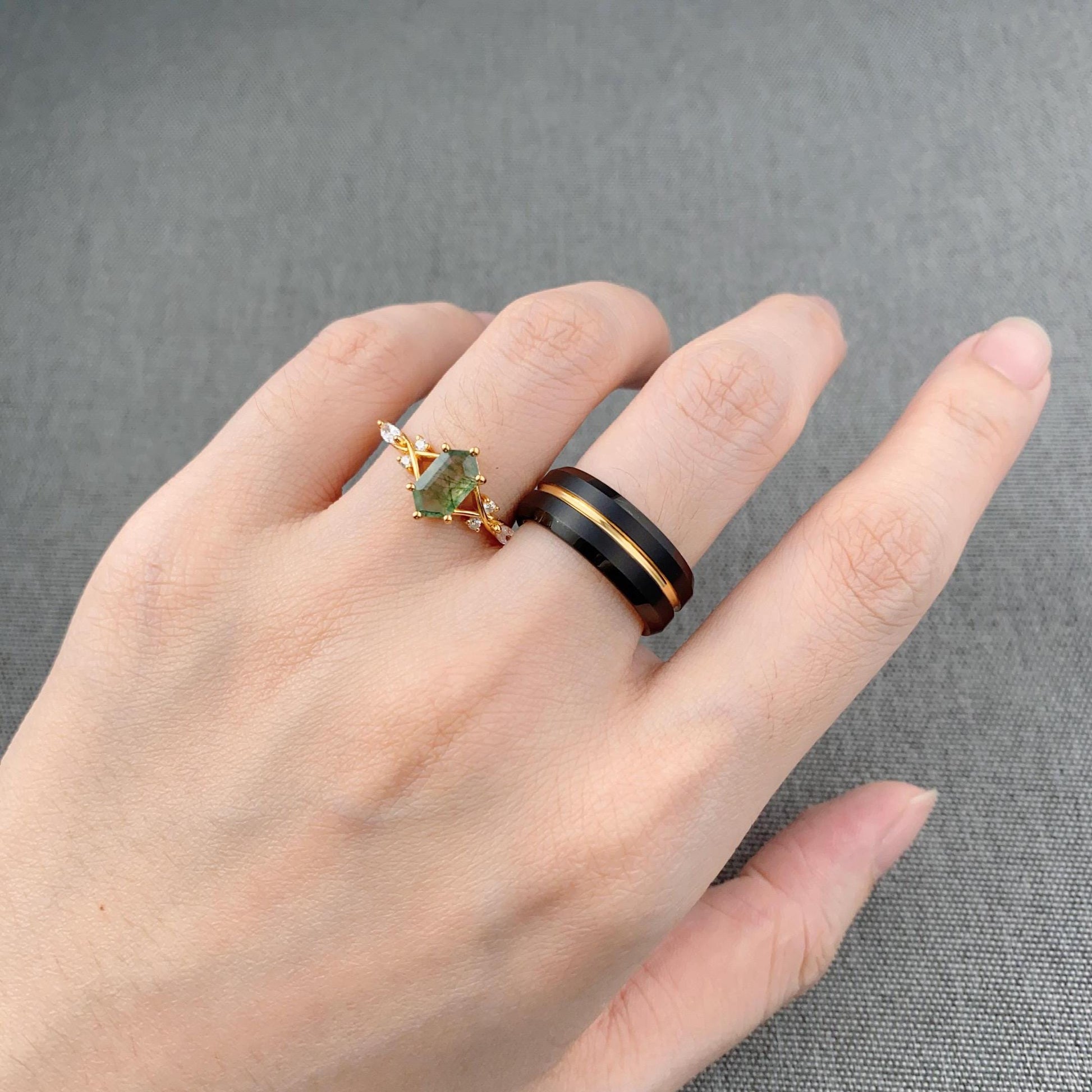 Natural Moss Agate Couples Ring Yellow Gold Matching Ring Set His and Hers Wedding Band Promise Ring For Men For Women Hexagon cut Ring