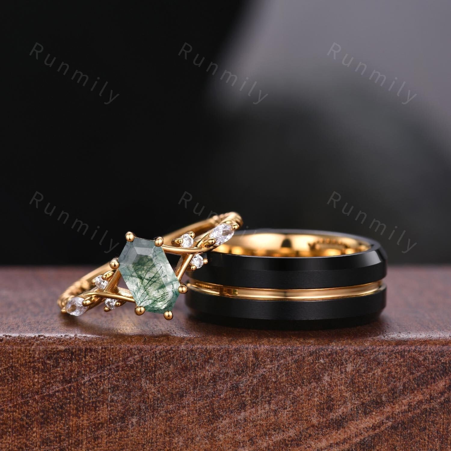 Natural Moss Agate Couples Ring Yellow Gold Matching Ring Set His and Hers Wedding Band Promise Ring For Men For Women Hexagon cut Ring