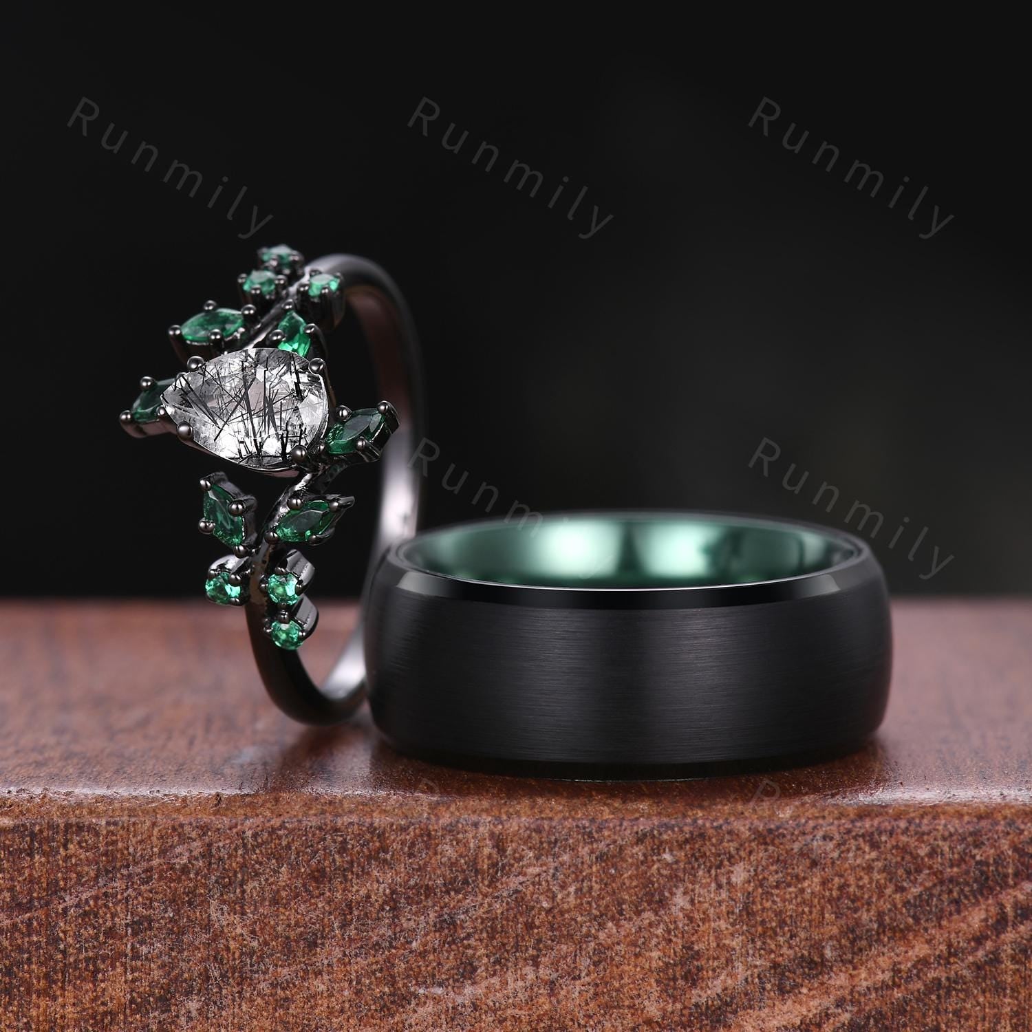 Pear cut black rutilated quartz couples ring vintage emerald twig ring black gold rings unique green and black His and Hers wedding ring set