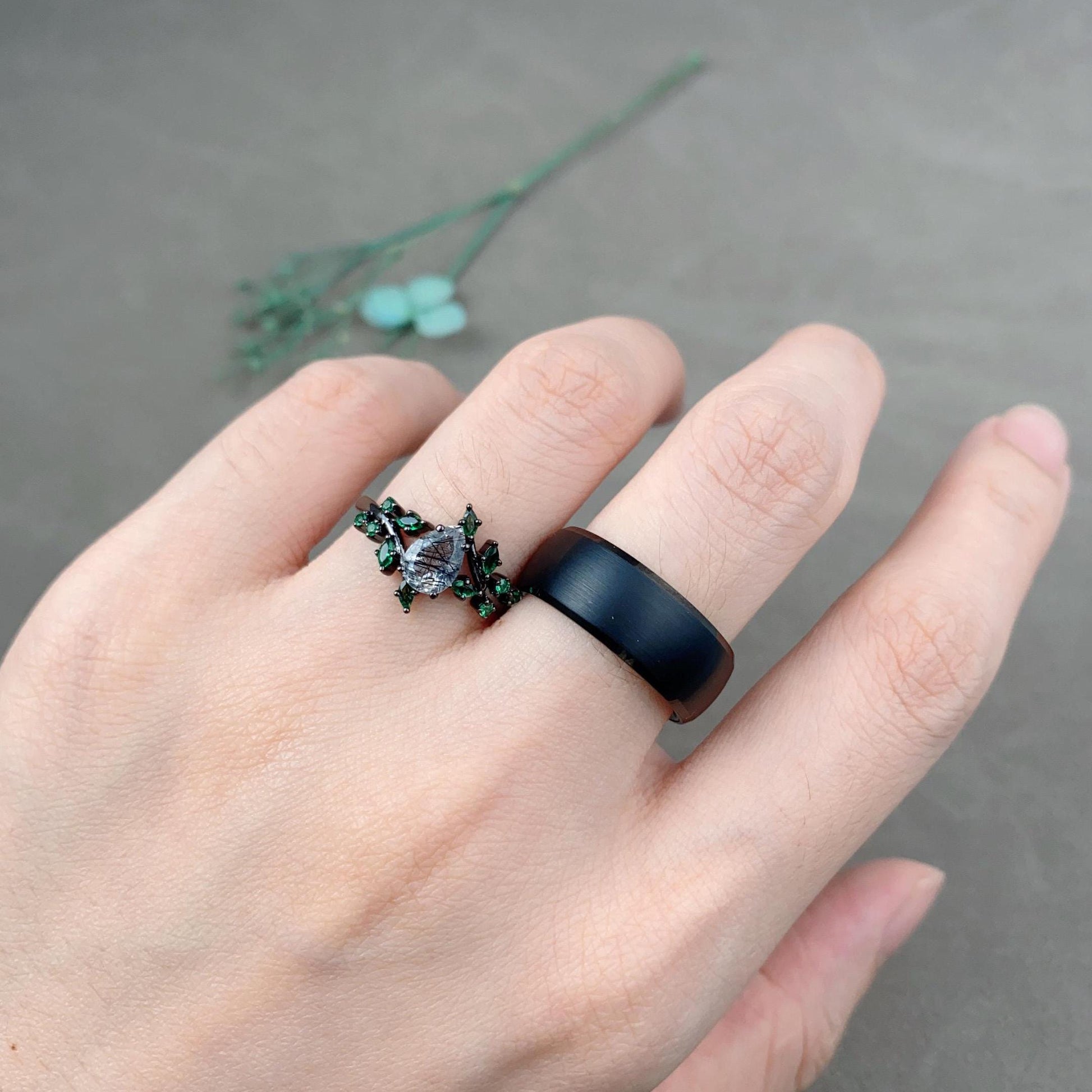 Pear cut black rutilated quartz couples ring vintage emerald twig ring black gold rings unique green and black His and Hers wedding ring set