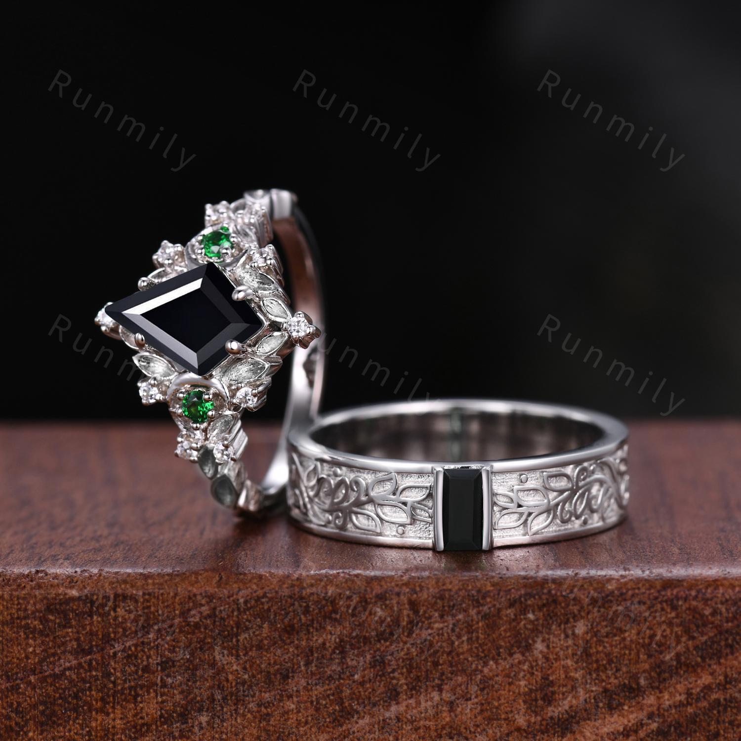 Antique Natural Black Onyx Couples Ring Set Leaf Style Promise Ring For Men For Women Silver His and Hers Wedding Band Mens Engagement Ring