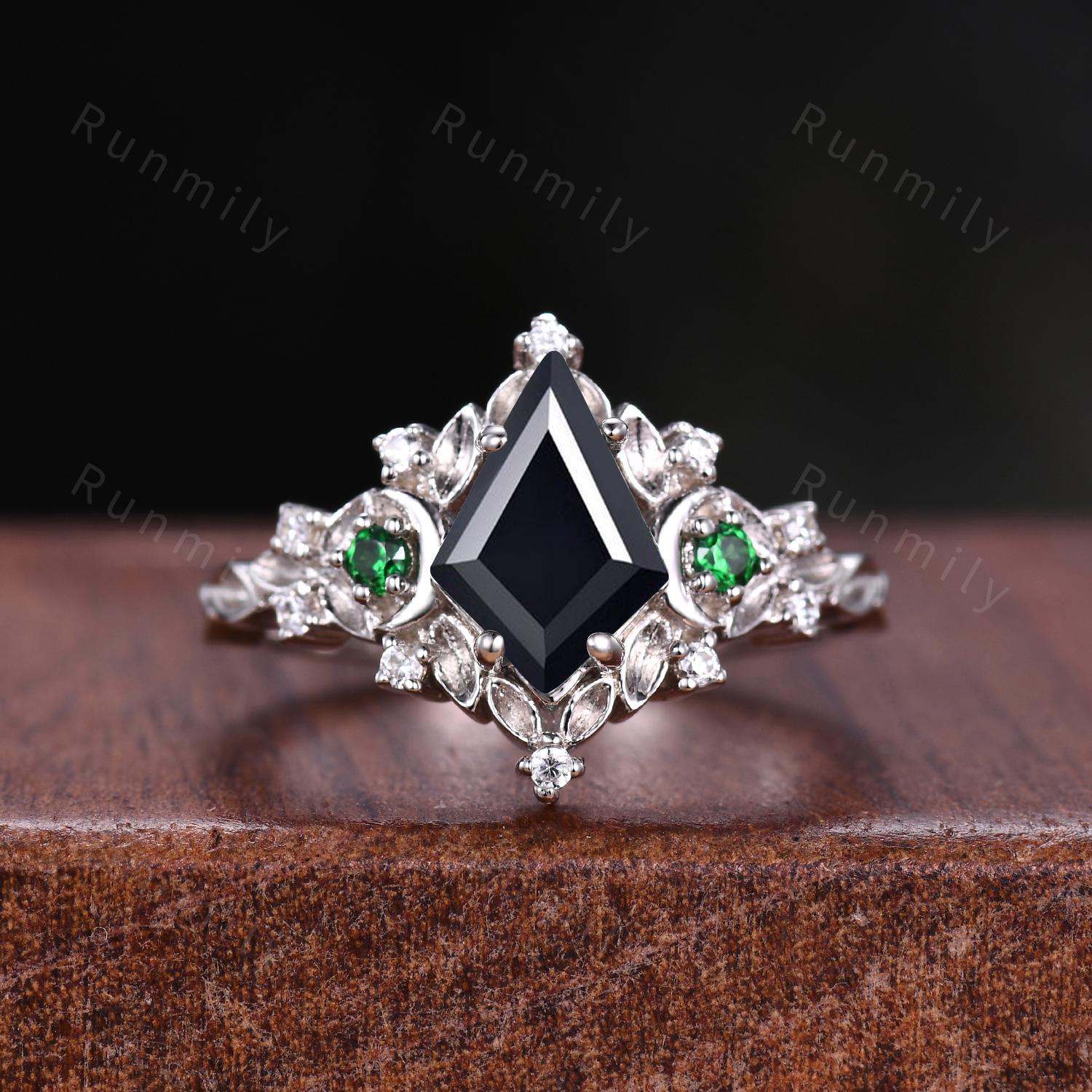 Antique Natural Black Onyx Couples Ring Set Leaf Style Promise Ring For Men For Women Silver His and Hers Wedding Band Mens Engagement Ring