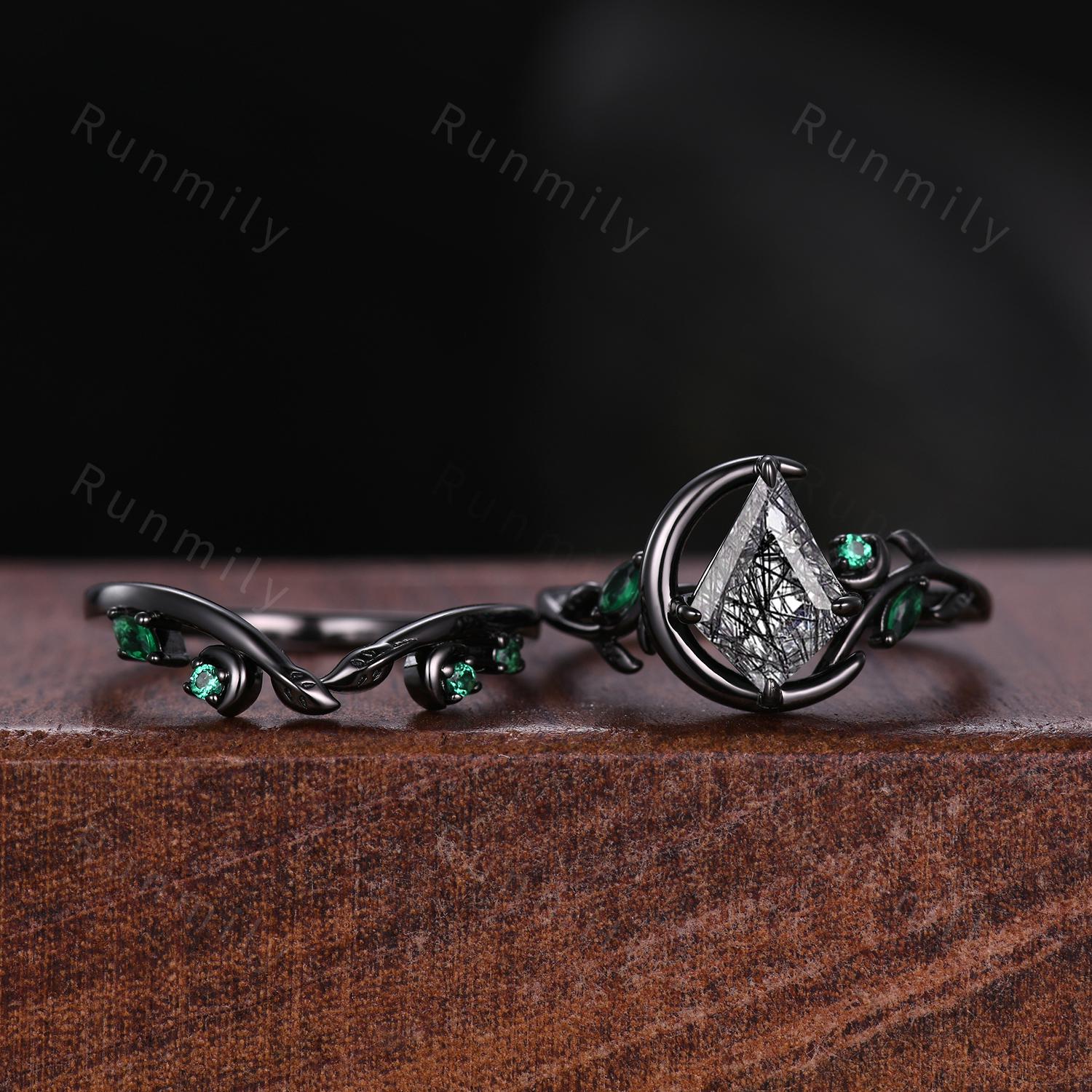 Nature Inspired Black Rutilated Quartz Engagement Ring Set Unique Crescent Moon Emerald Ring Gothic Black Gold Ring Women Leaf Design Ring