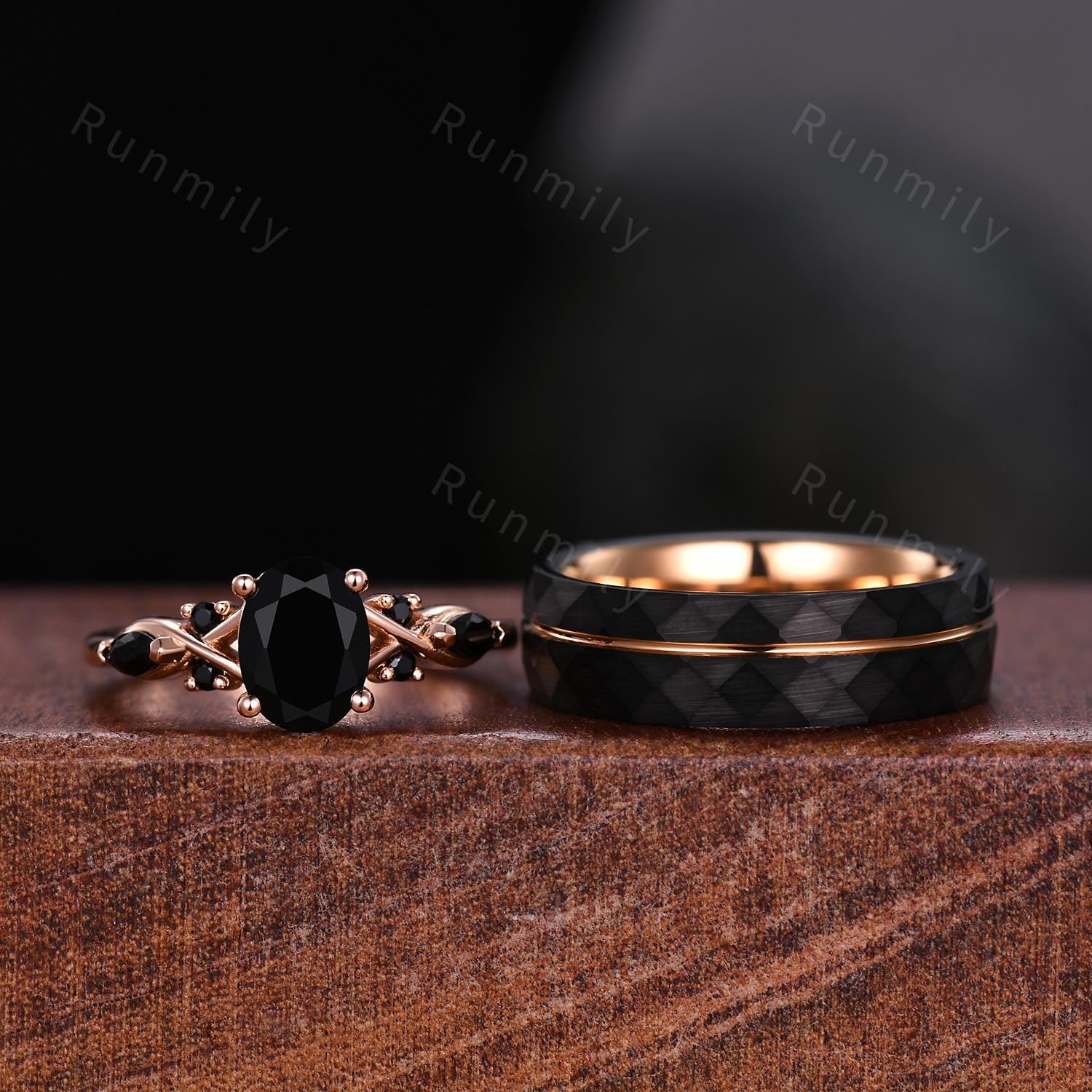 Vintage Oval Black Onyx Couples Ring Rose Gold Matching Ring Set His and Hers Wedding Band Promise Ring For Men For Women Black Stone Ring