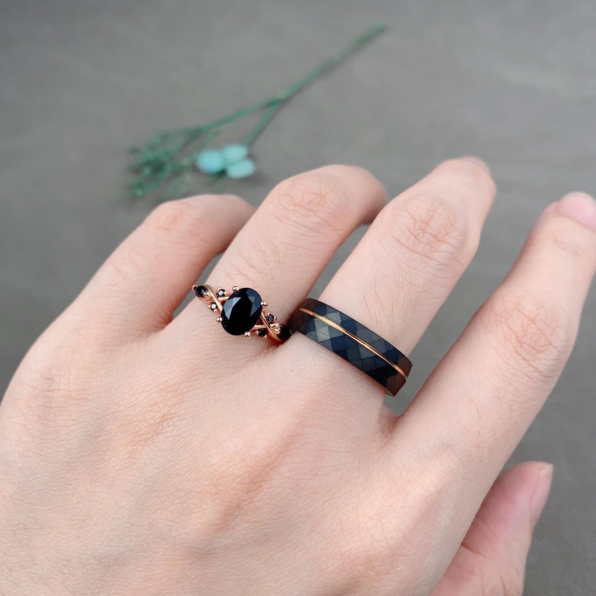 Vintage Oval Black Onyx Couples Ring Rose Gold Matching Ring Set His and Hers Wedding Band Promise Ring For Men For Women Black Stone Ring