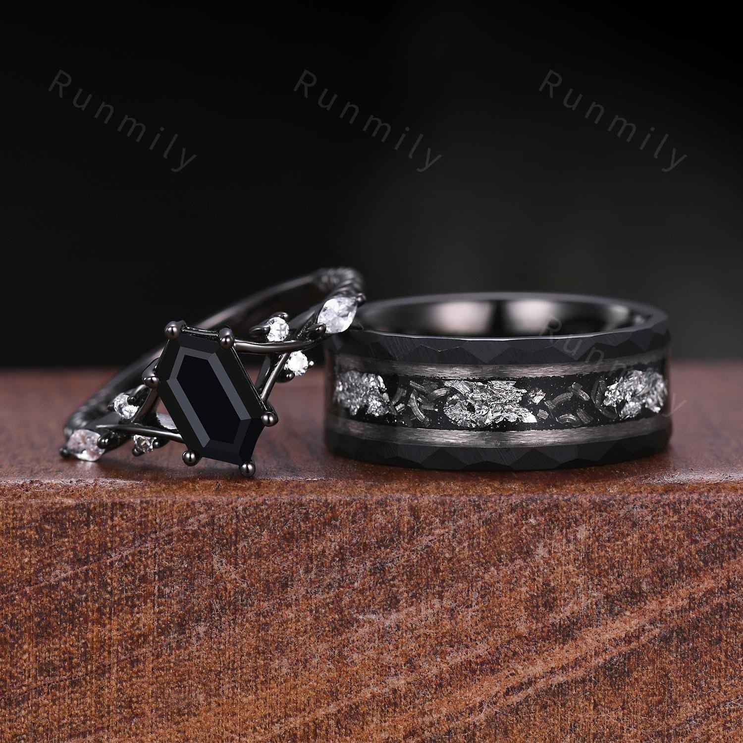 Vintage Black Onyx Couples Ring Black Gold Matching Ring Set His and Hers Wedding Band Mens Tungsten Ring Unique Promise Ring Set