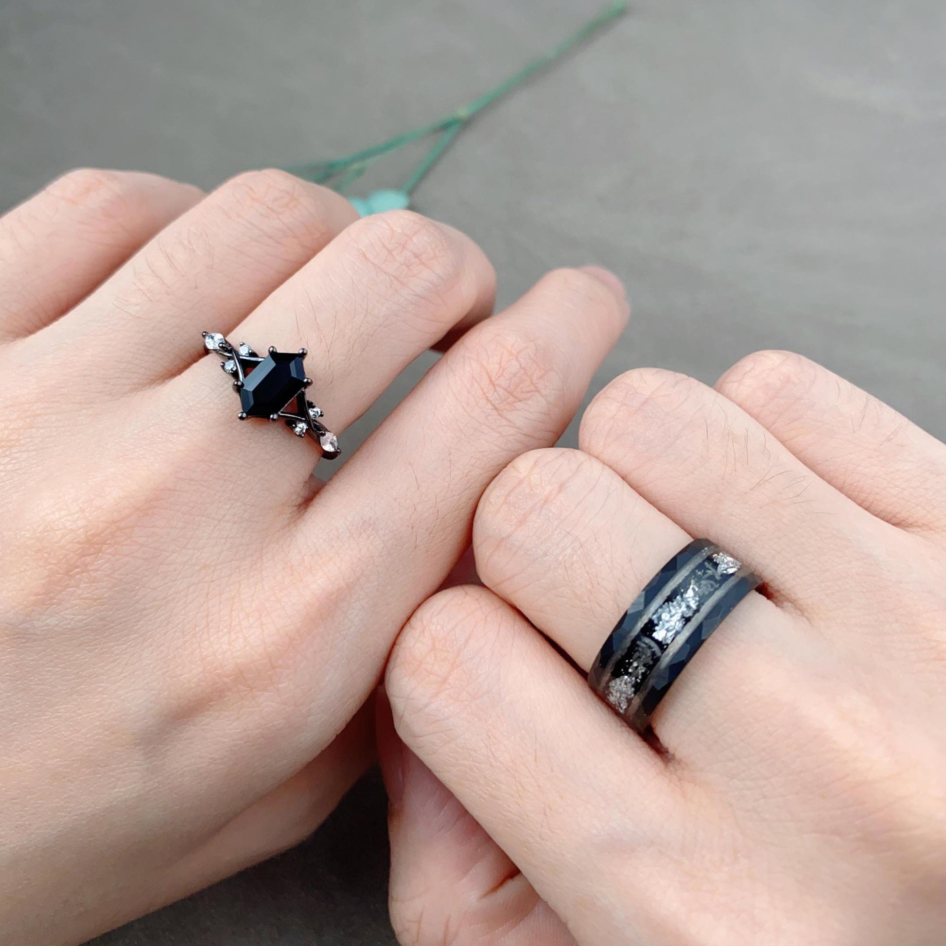 Vintage Black Onyx Couples Ring Black Gold Matching Ring Set His and Hers Wedding Band Mens Tungsten Ring Unique Promise Ring Set