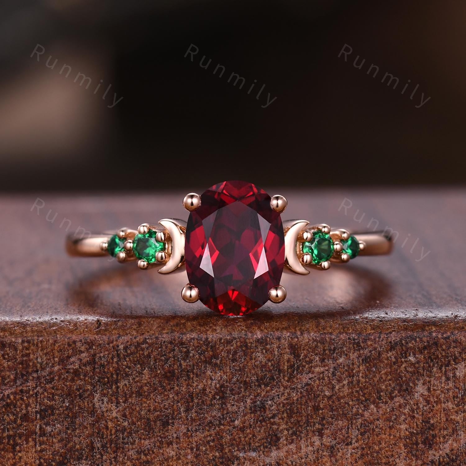 Oval Cut Ruby Emerald Engagement Ring Set Rose Gold Rings For Women Crescent Moon Style Wedding Ring Set Curved Emerald Band Promise Ring