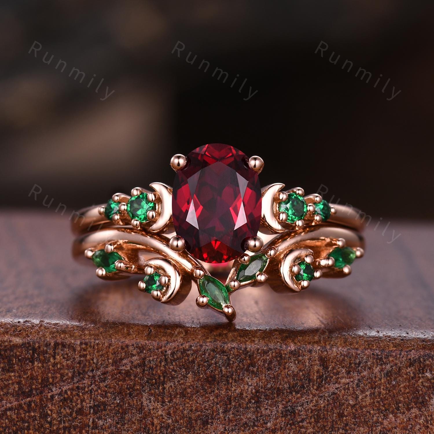 Oval Cut Ruby Emerald Engagement Ring Set Rose Gold Rings For Women Crescent Moon Style Wedding Ring Set Curved Emerald Band Promise Ring
