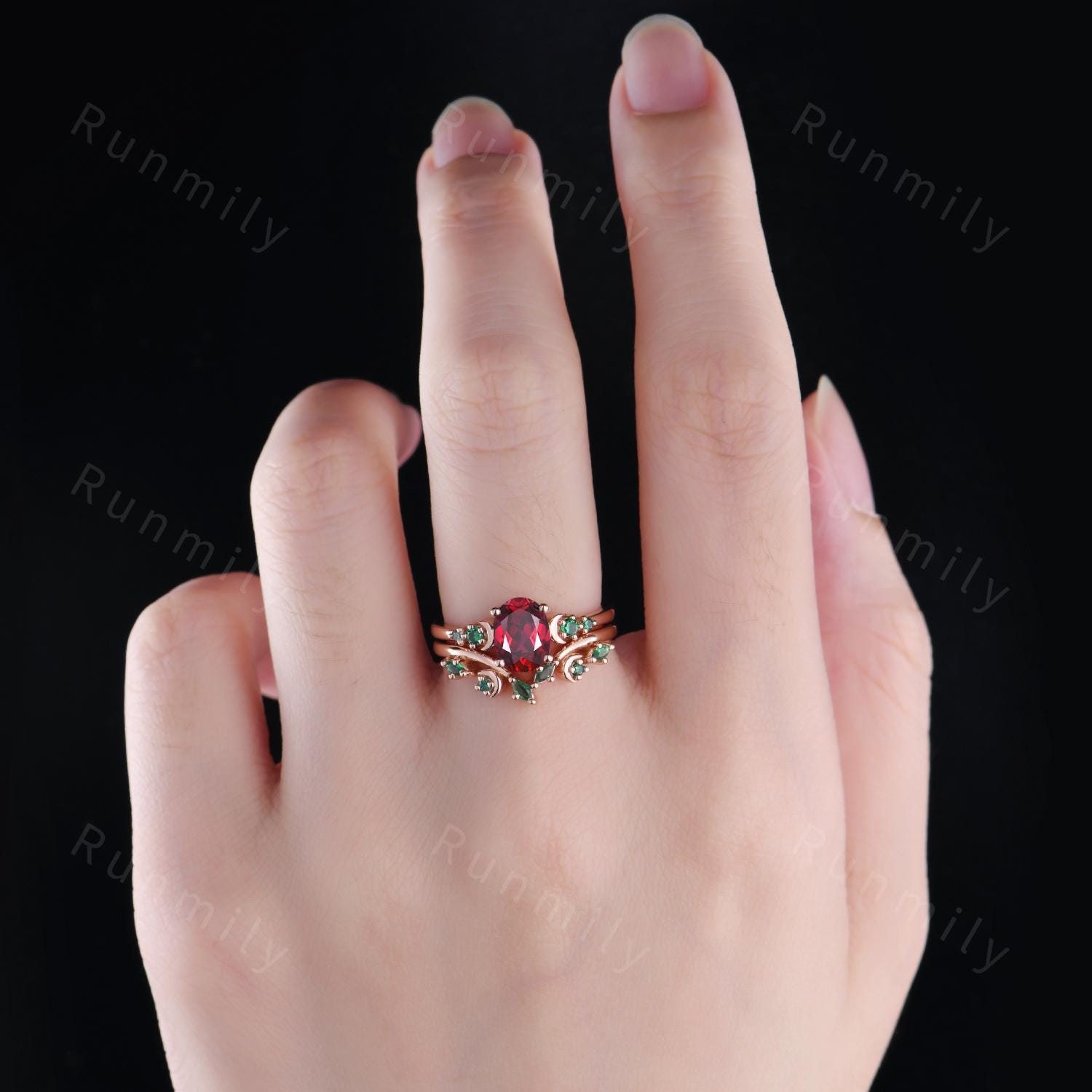 Oval Cut Ruby Emerald Engagement Ring Set Rose Gold Rings For Women Crescent Moon Style Wedding Ring Set Curved Emerald Band Promise Ring