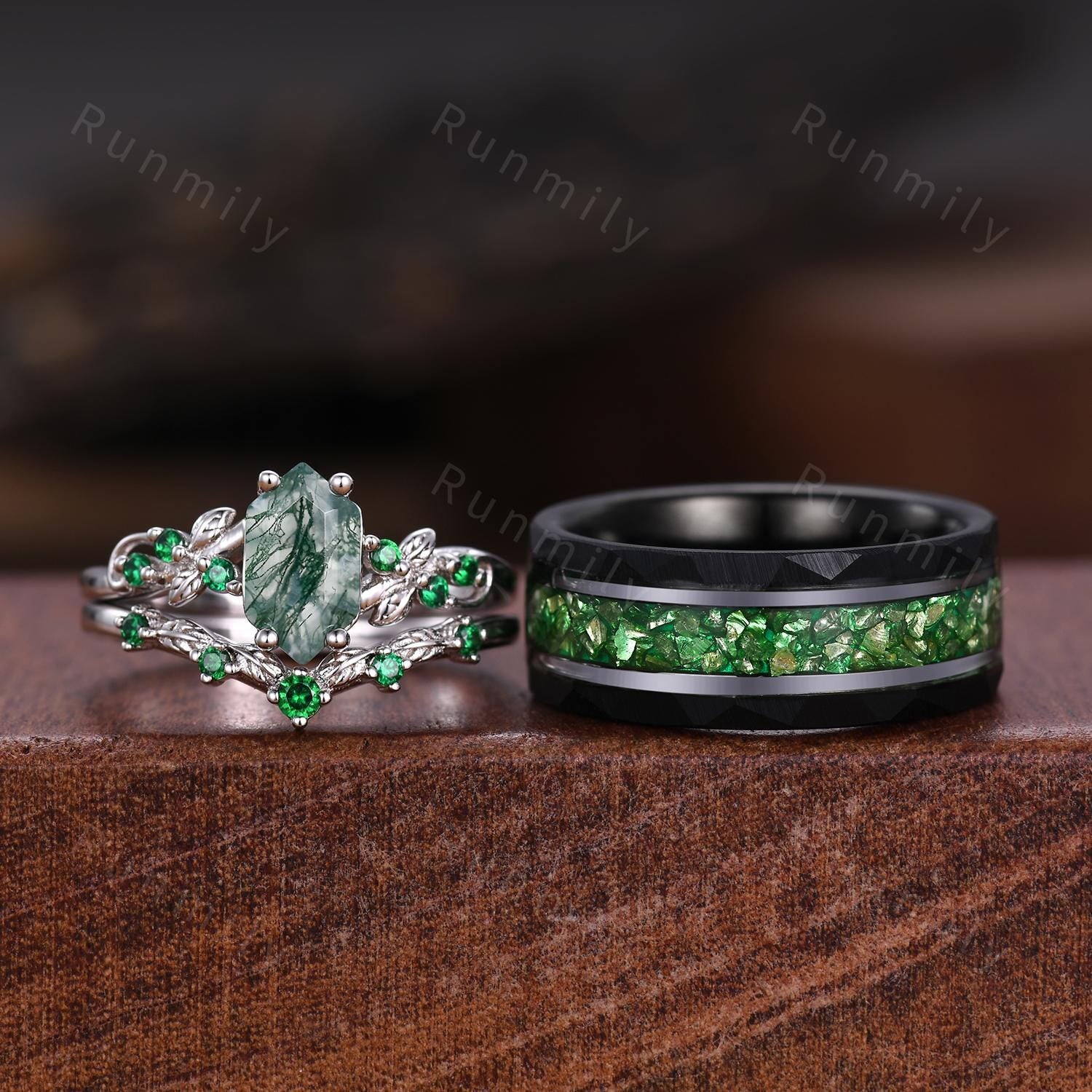 Natural Moss Agate Emerald Couples Ring Set Vintage Silver His and Her Wedding Band Promise Ring For Men and Women Hexagon cut Bridal Set