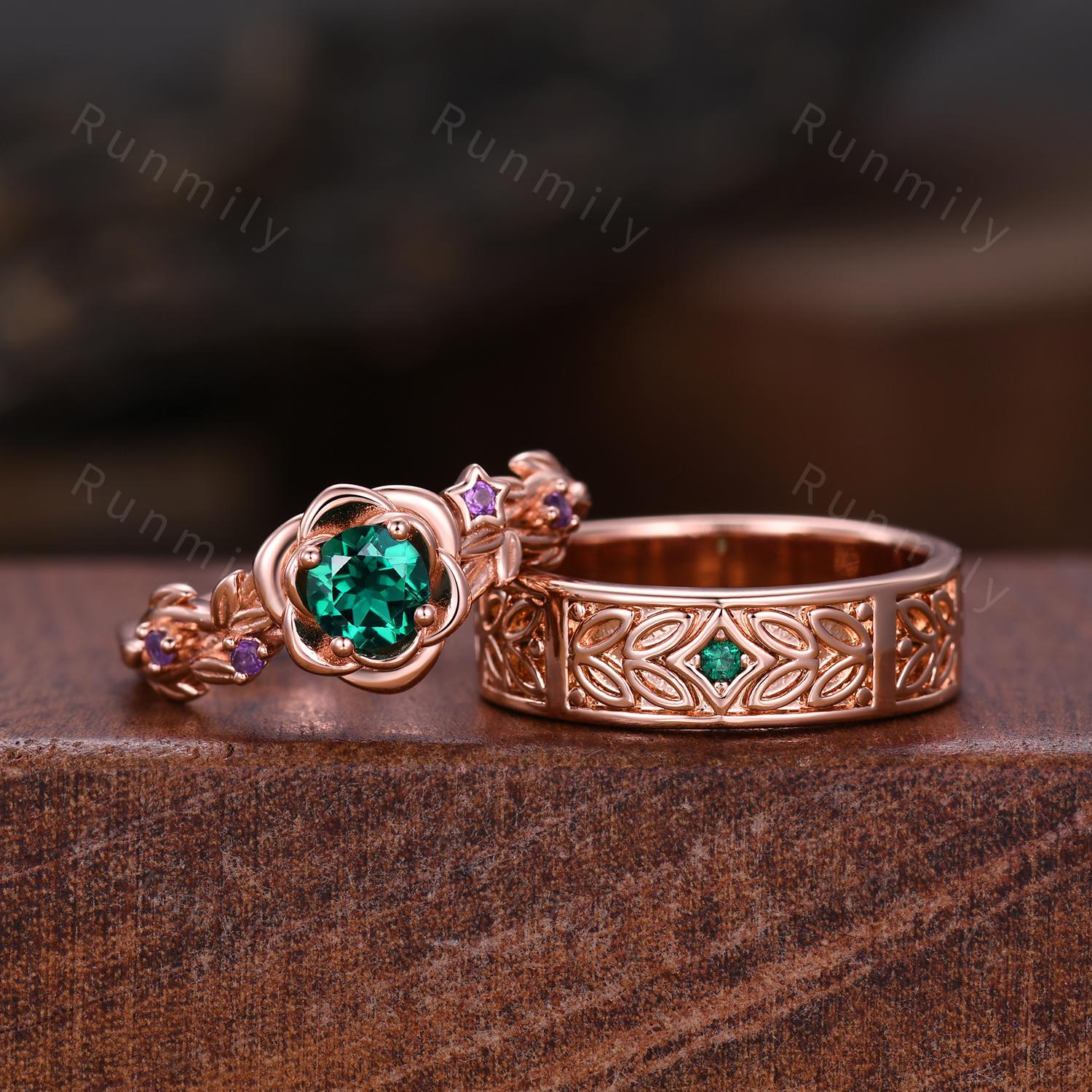 Unique Floral Emerald Couples Ring Set Rose Gold Matching Ring For Men For Women Vintage His And Hers Wedding Band Mens Emerald Promise Ring
