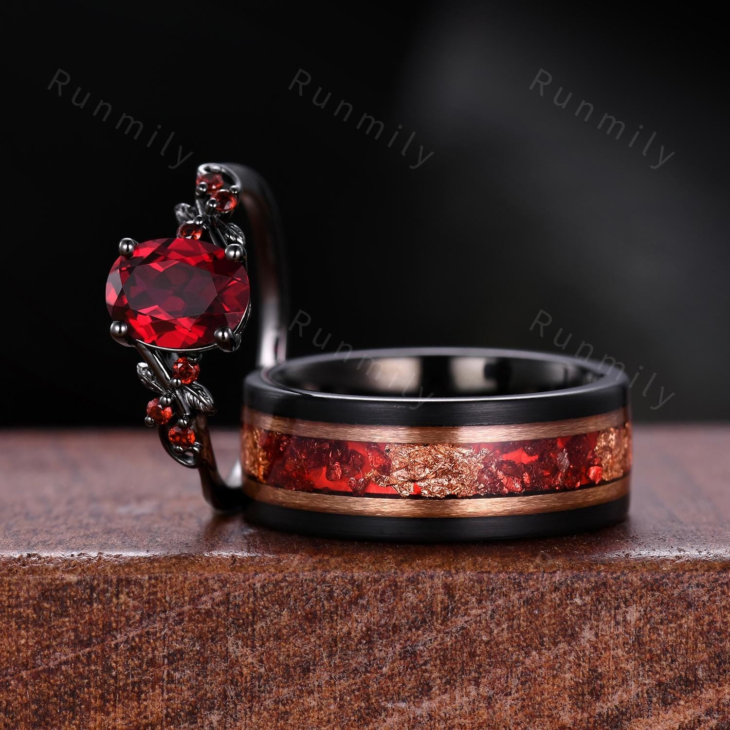 Oval cut Ruby couples ring set black gold matching promise ring vintage His and Hers wedding band Mens ruby ring anniversary ring gifts