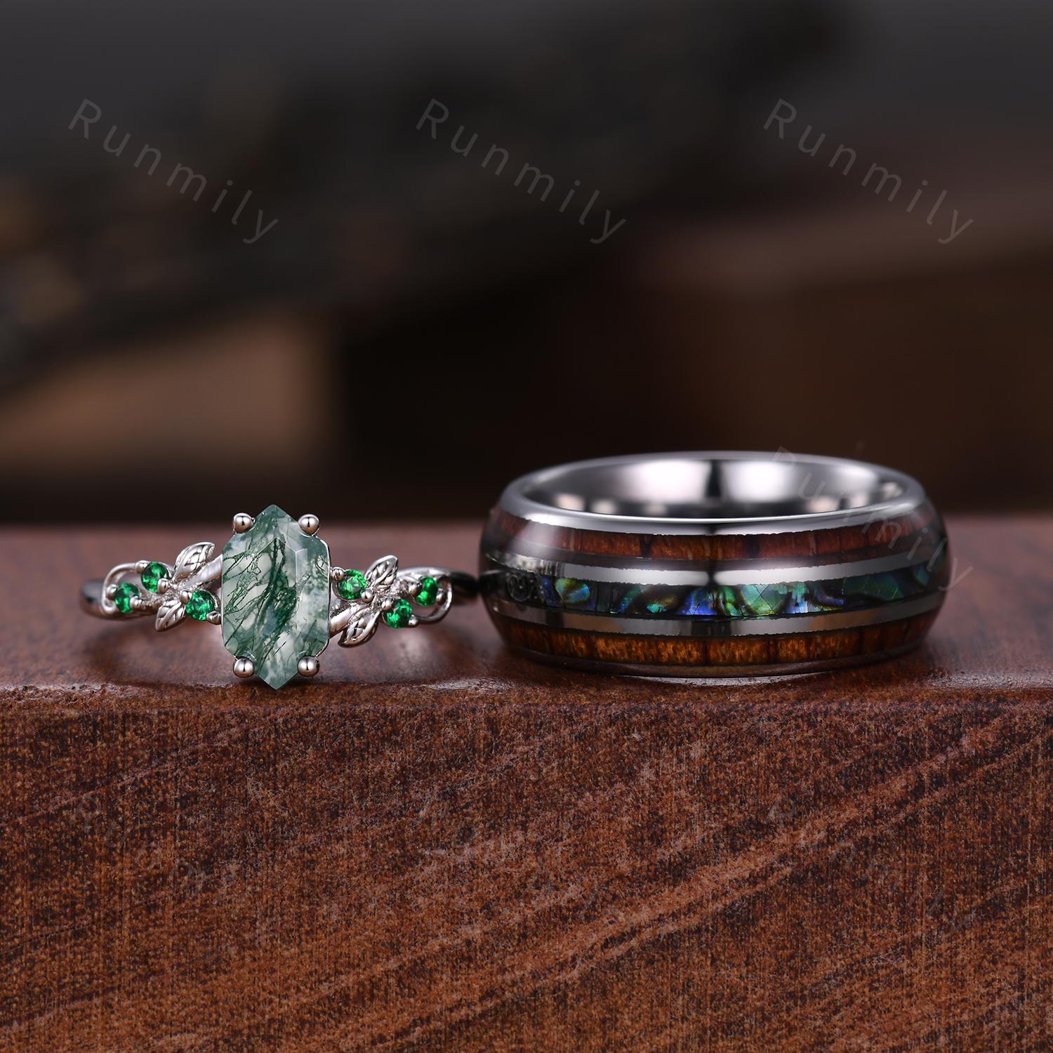 Natural Moss Agate Couples Ring Vintage Matching Promise Ring Set Silver His and Hers Wedding Band Mens Wooden Ring Green Agate Ring