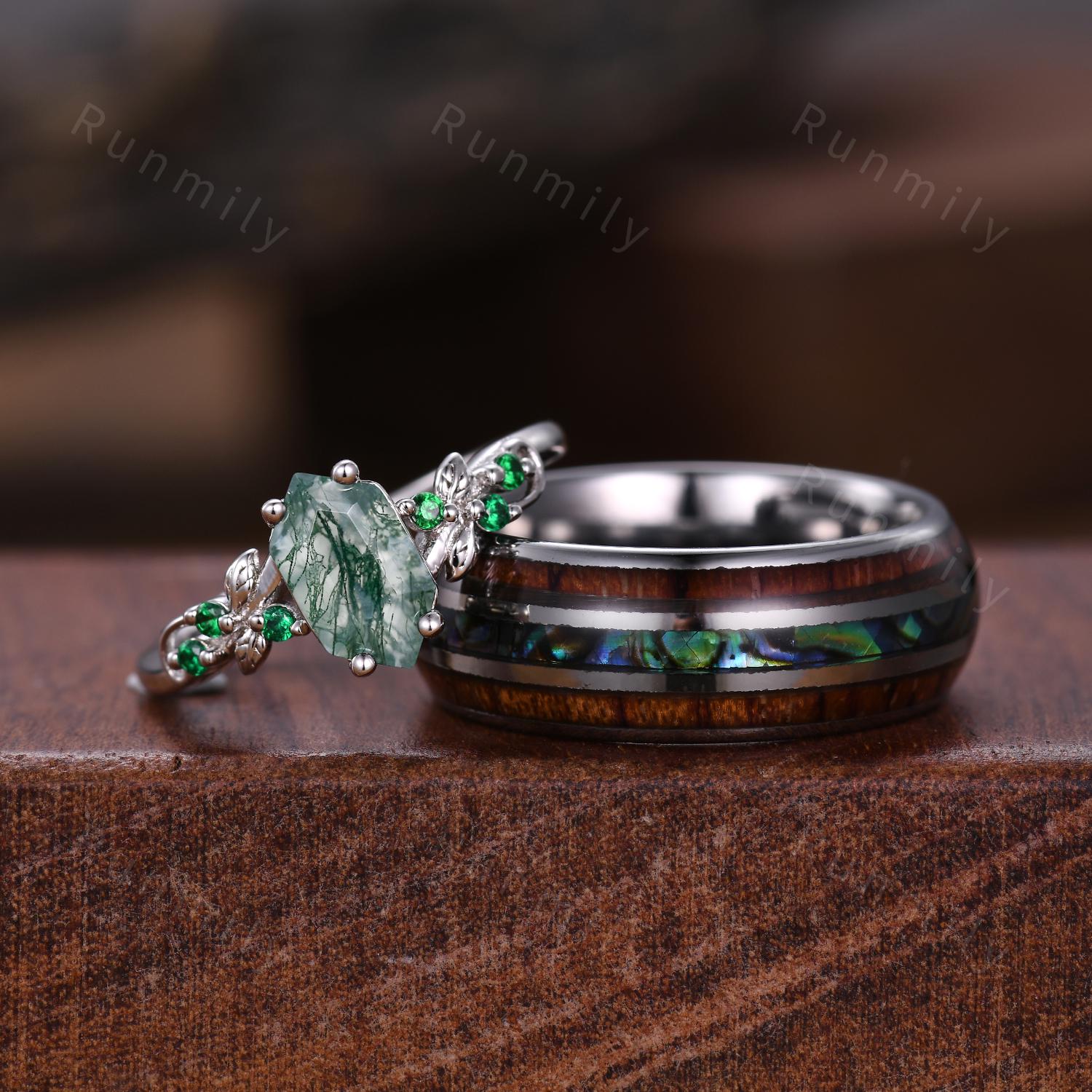 Natural Moss Agate Couples Ring Vintage Matching Promise Ring Set Silver His and Hers Wedding Band Mens Wooden Ring Green Agate Ring