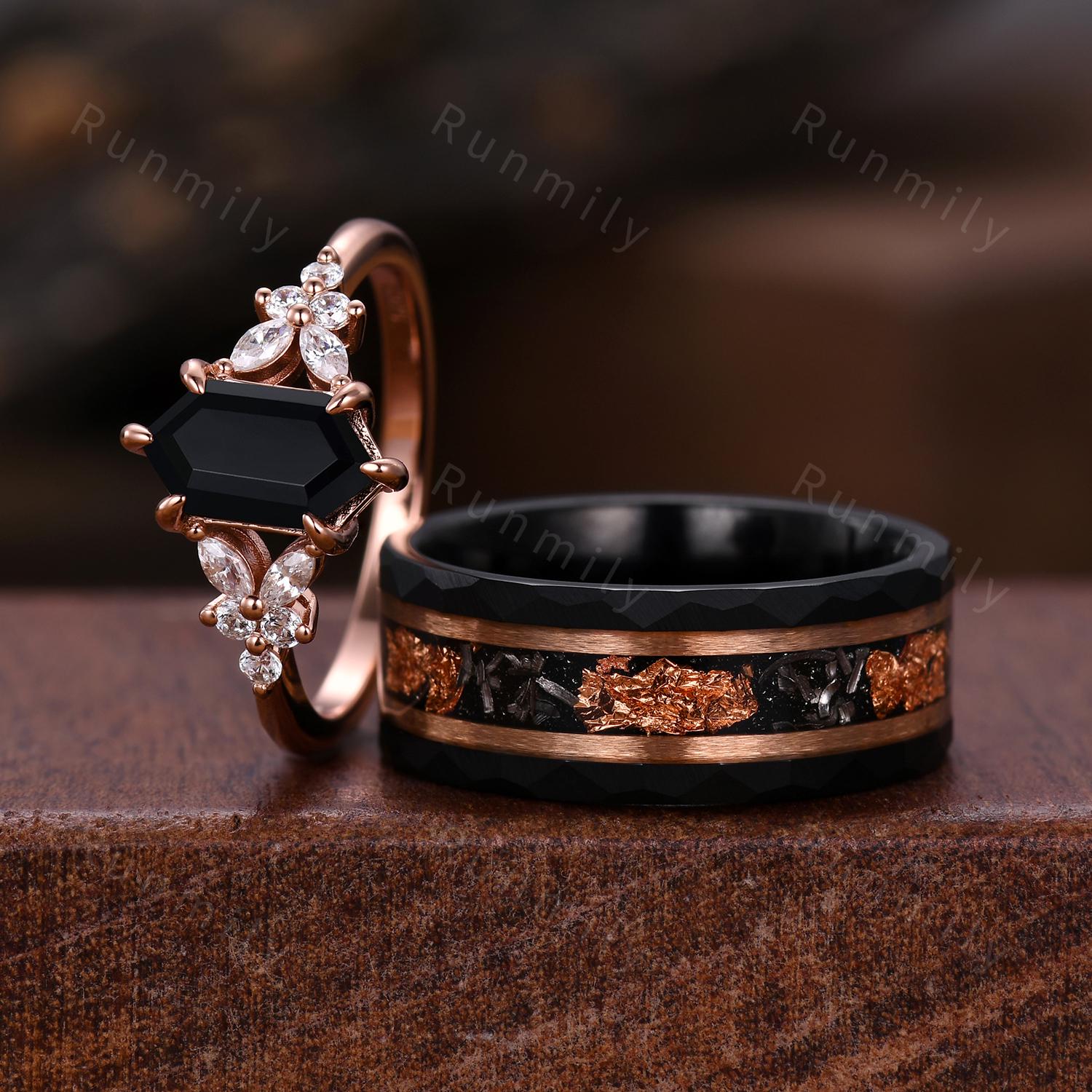 Vintage black onyx couples ring set rose gold matching promise ring His and Hers wedding band Mens meteorite ring Couple's anniversary ring