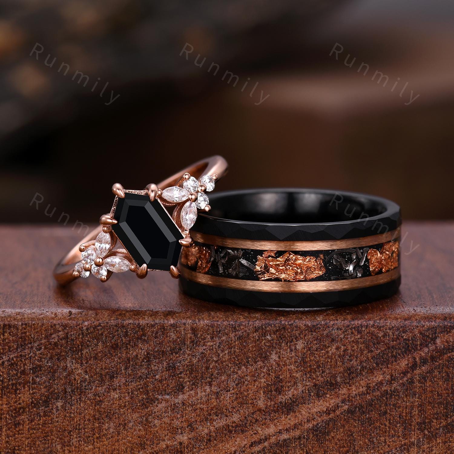 Vintage black onyx couples ring set rose gold matching promise ring His and Hers wedding band Mens meteorite ring Couple's anniversary ring