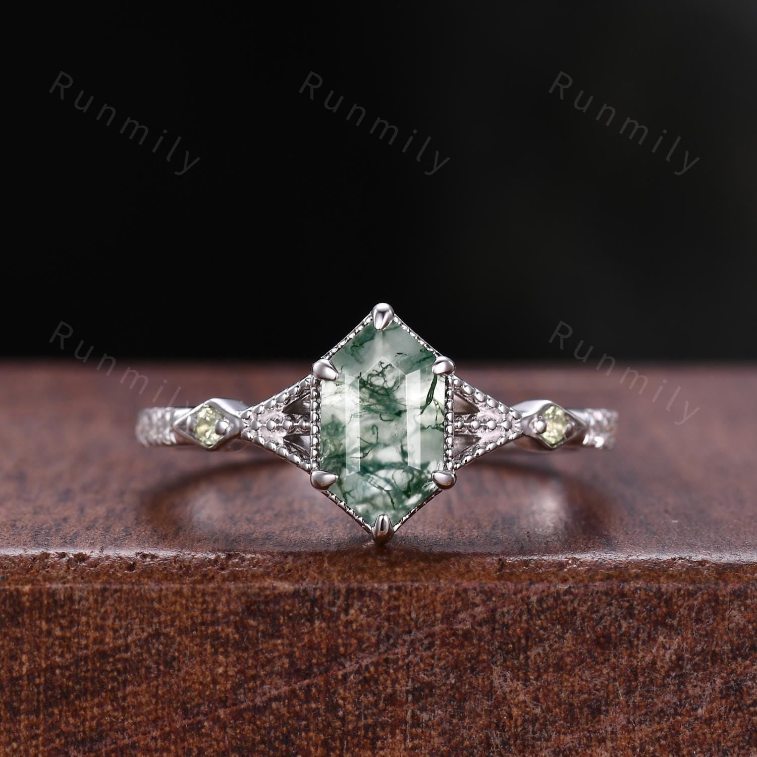 Natural Moss Agate Emerald Couples Ring Set Vintage Promise Ring For Men For Women Nature Inspired His and Hers Wedding Band Platinum Rings