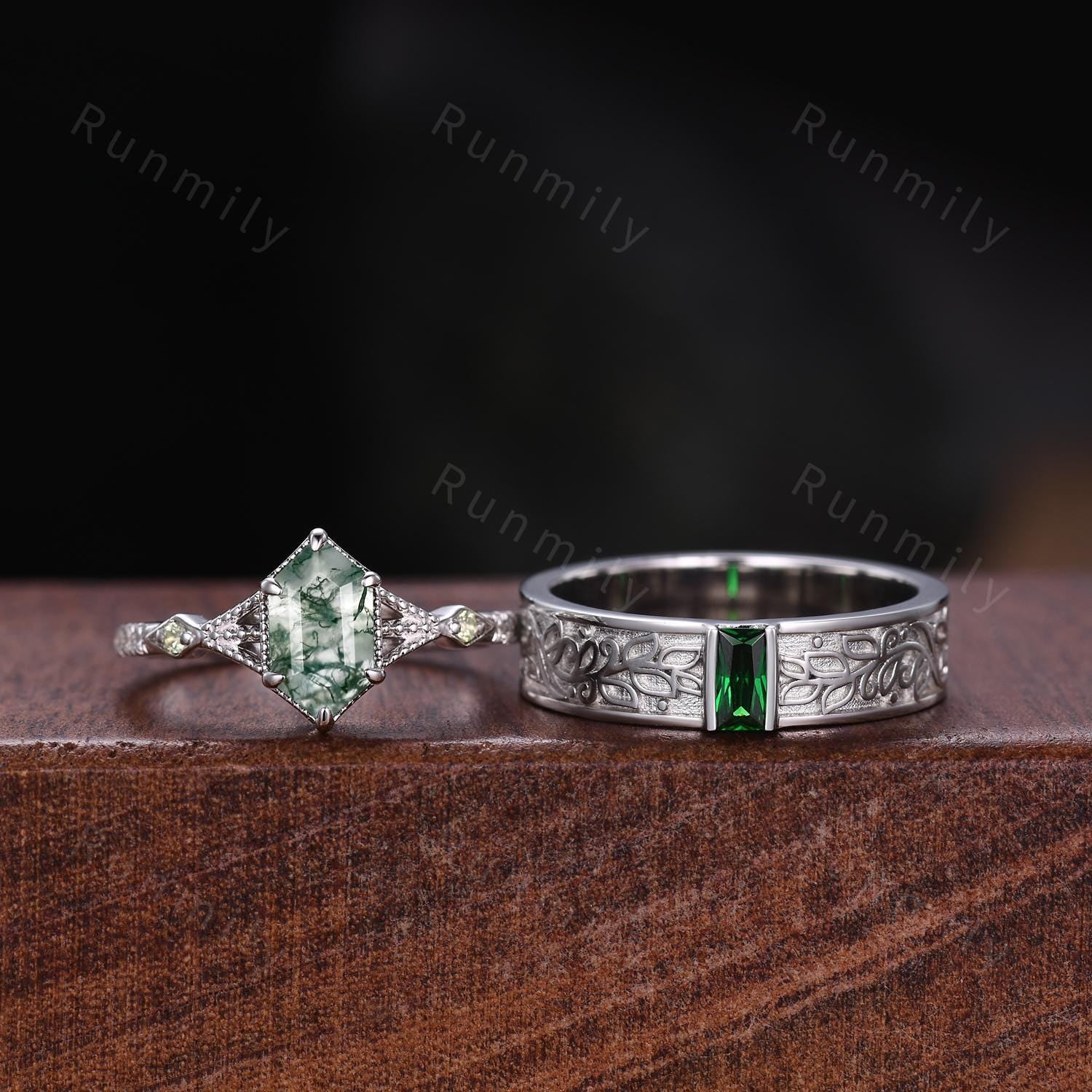 Natural Moss Agate Emerald Couples Ring Set Vintage Promise Ring For Men For Women Nature Inspired His and Hers Wedding Band Platinum Rings