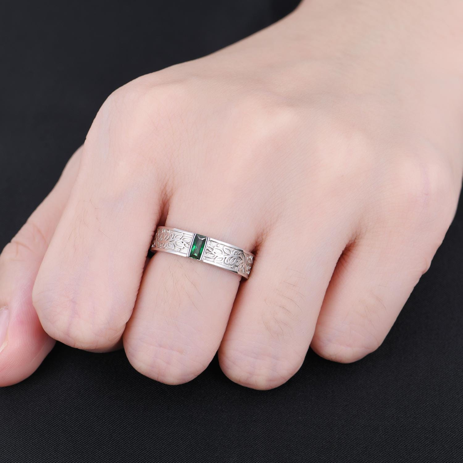 Natural Moss Agate Emerald Couples Ring Set Vintage Promise Ring For Men For Women Nature Inspired His and Hers Wedding Band Platinum Rings