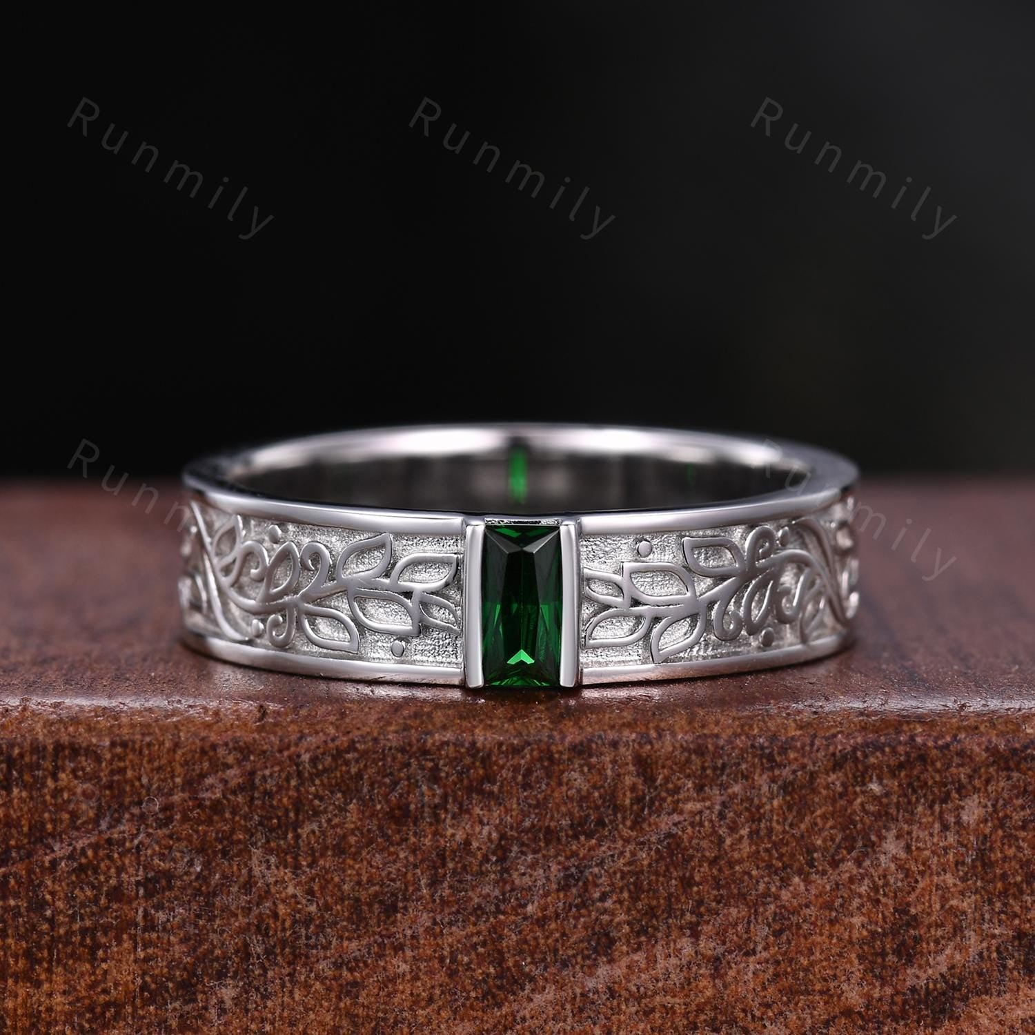 Natural Moss Agate Emerald Couples Ring Set Vintage Promise Ring For Men For Women Nature Inspired His and Hers Wedding Band Platinum Rings