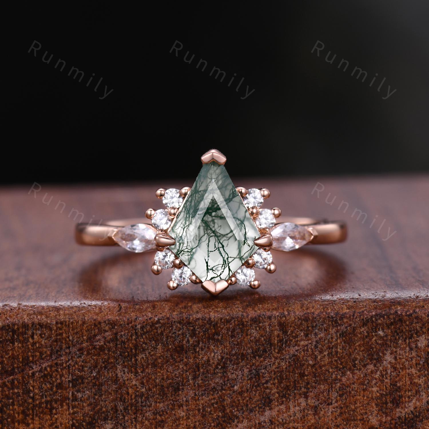 Vintage Moss Agate Engagement Ring Set Rose Gold Kite Cut Natural Moss Agate Ring Art Deco Curved Stacking Band Unique Bridal Promise Ring