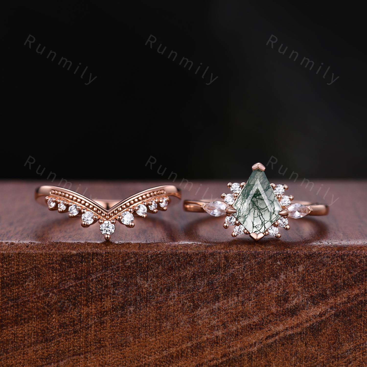 Vintage Moss Agate Engagement Ring Set Rose Gold Kite Cut Natural Moss Agate Ring Art Deco Curved Stacking Band Unique Bridal Promise Ring