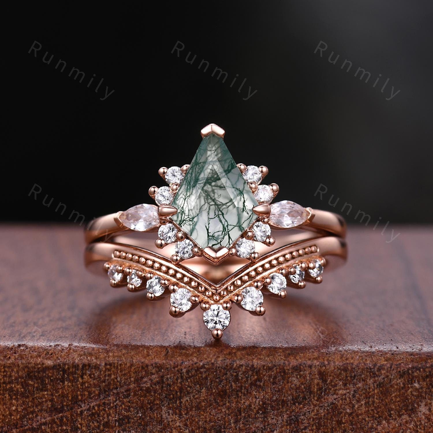 Vintage Moss Agate Engagement Ring Set Rose Gold Kite Cut Natural Moss Agate Ring Art Deco Curved Stacking Band Unique Bridal Promise Ring