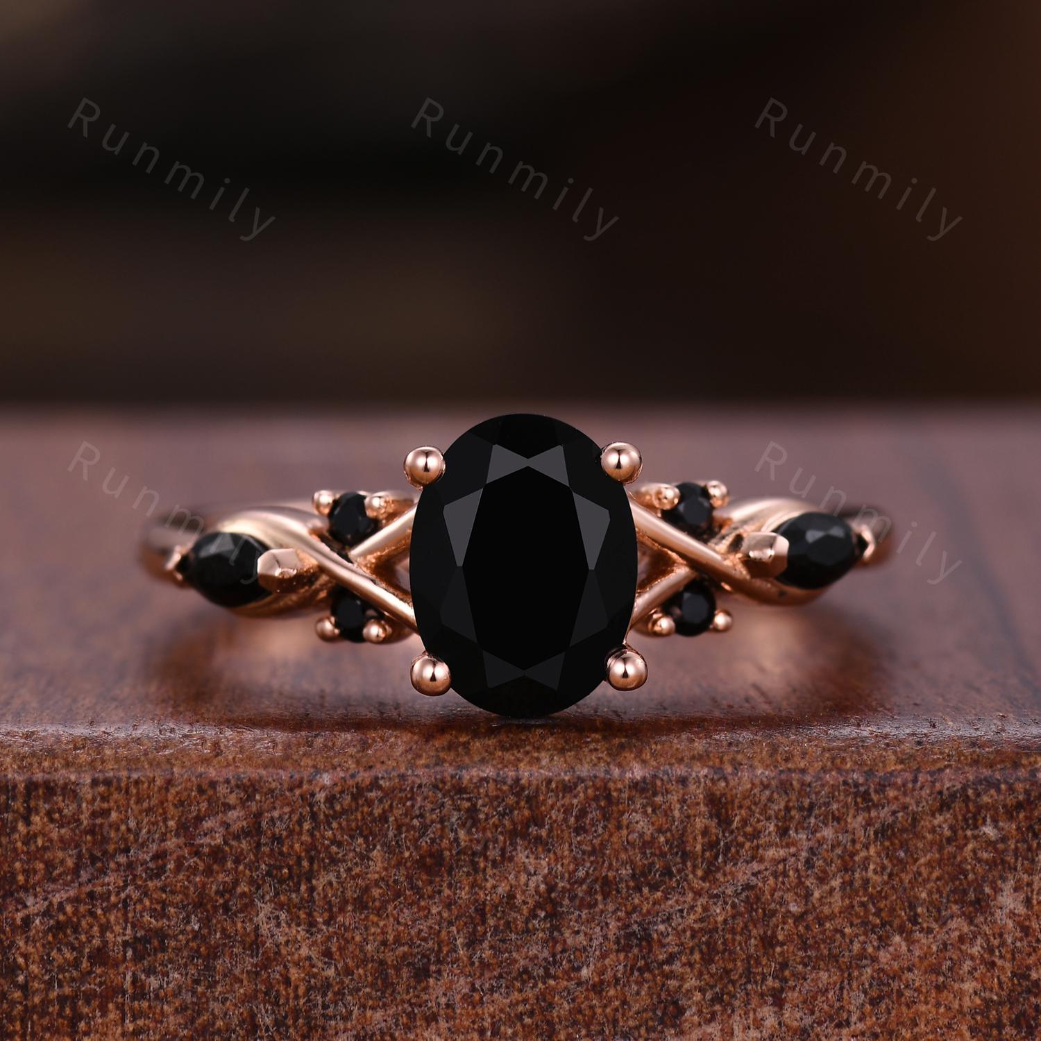 Oval cut Black Onyx Engagement Ring Rose Gold Ring For Women Marquise Black Spinel Wedding Ring Unique Twig Ring Bridal Promise Ring