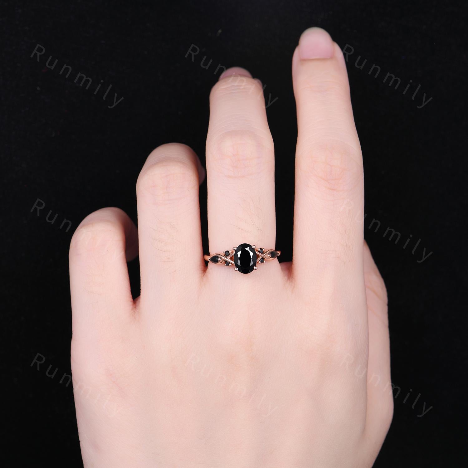 Oval cut Black Onyx Engagement Ring Rose Gold Ring For Women Marquise Black Spinel Wedding Ring Unique Twig Ring Bridal Promise Ring