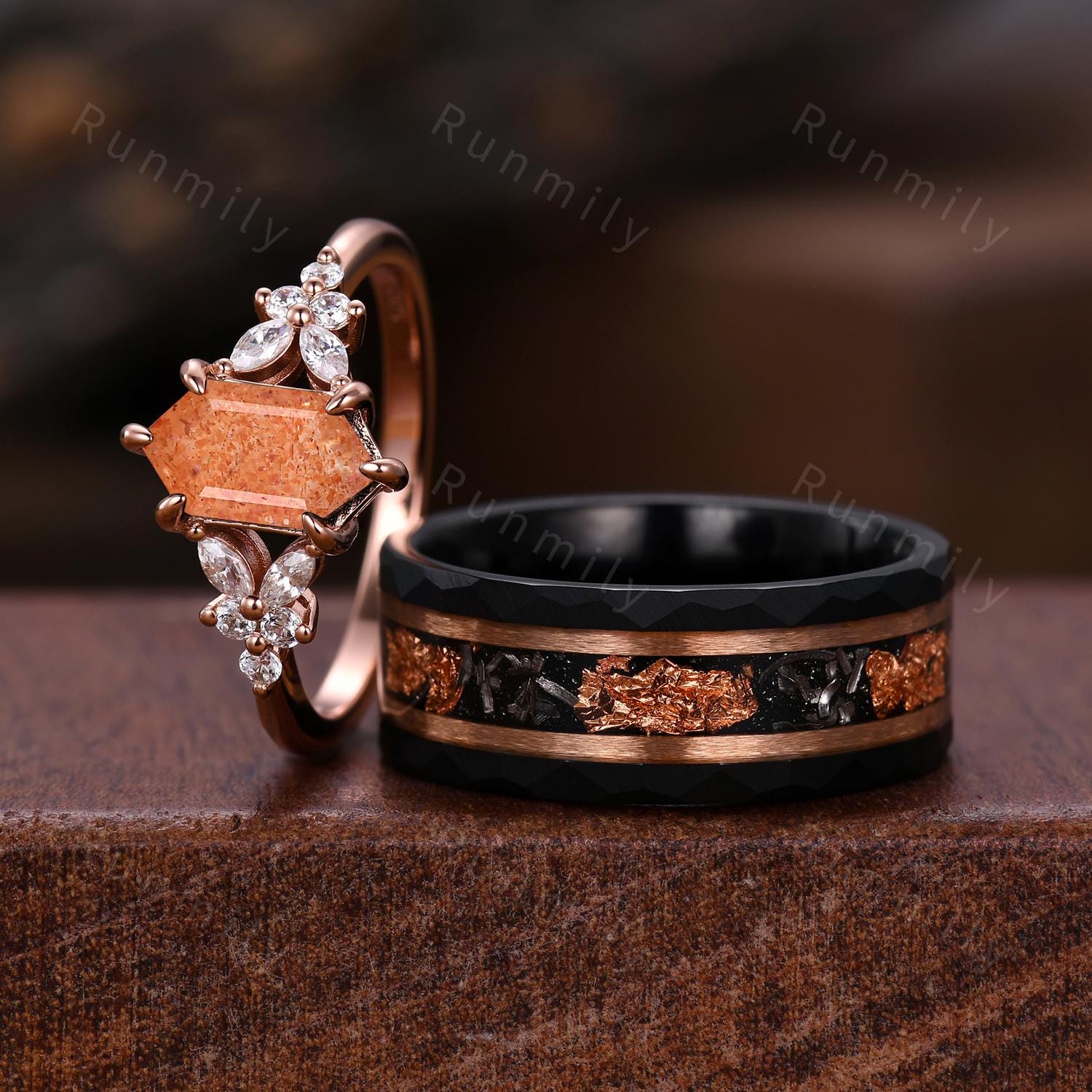 Vintage Sunstone Couples Ring Set Rose Gold Matching Promise Rings His And Hers Wedding Band Mens Gold Leaf Ring Orange Gemstone Ring Gift