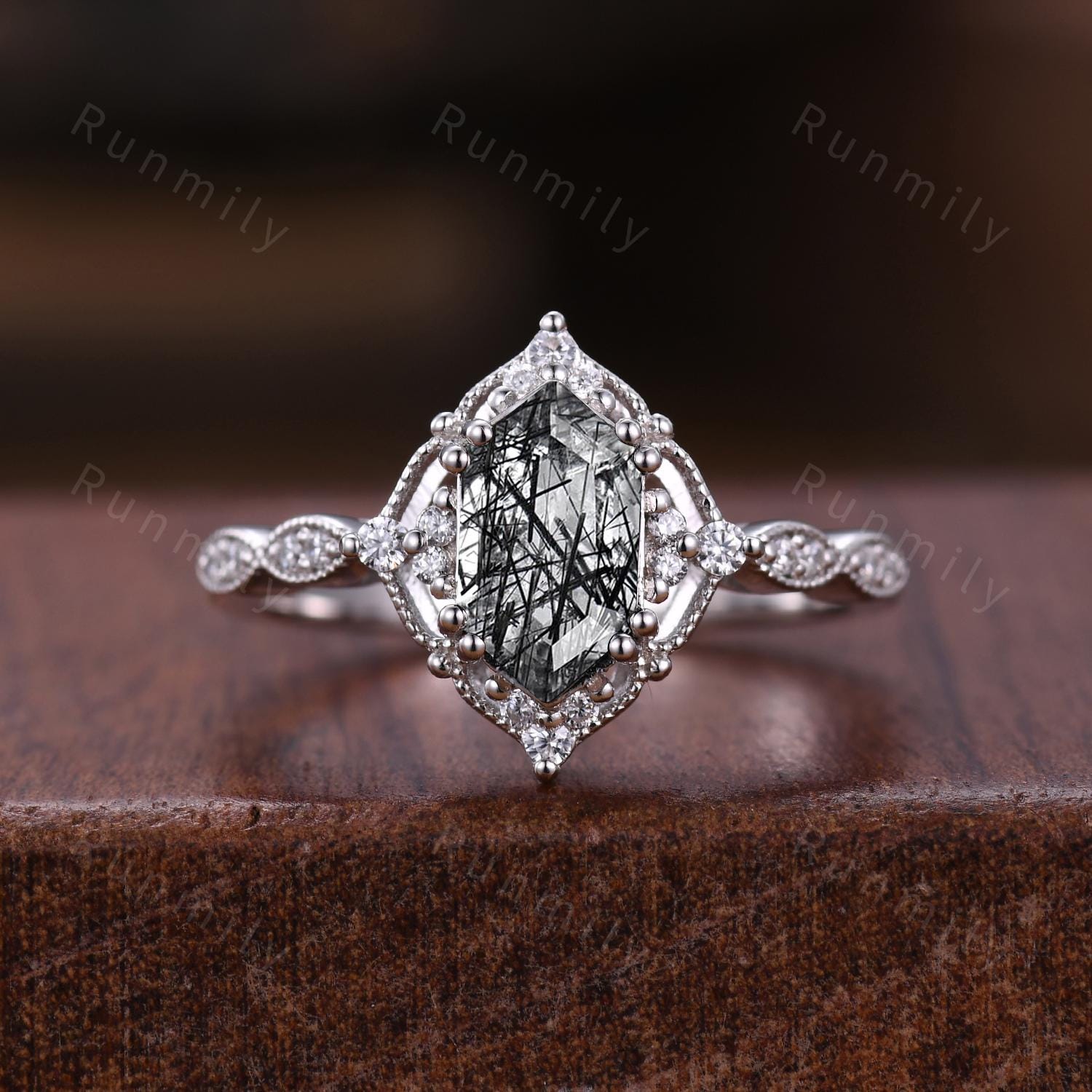 Vintage Black Rutilated Quartz Couple Ring White Gold Matching Ring Set His and Hers Wedding Band Unique Promise Ring For Men For Women Gift