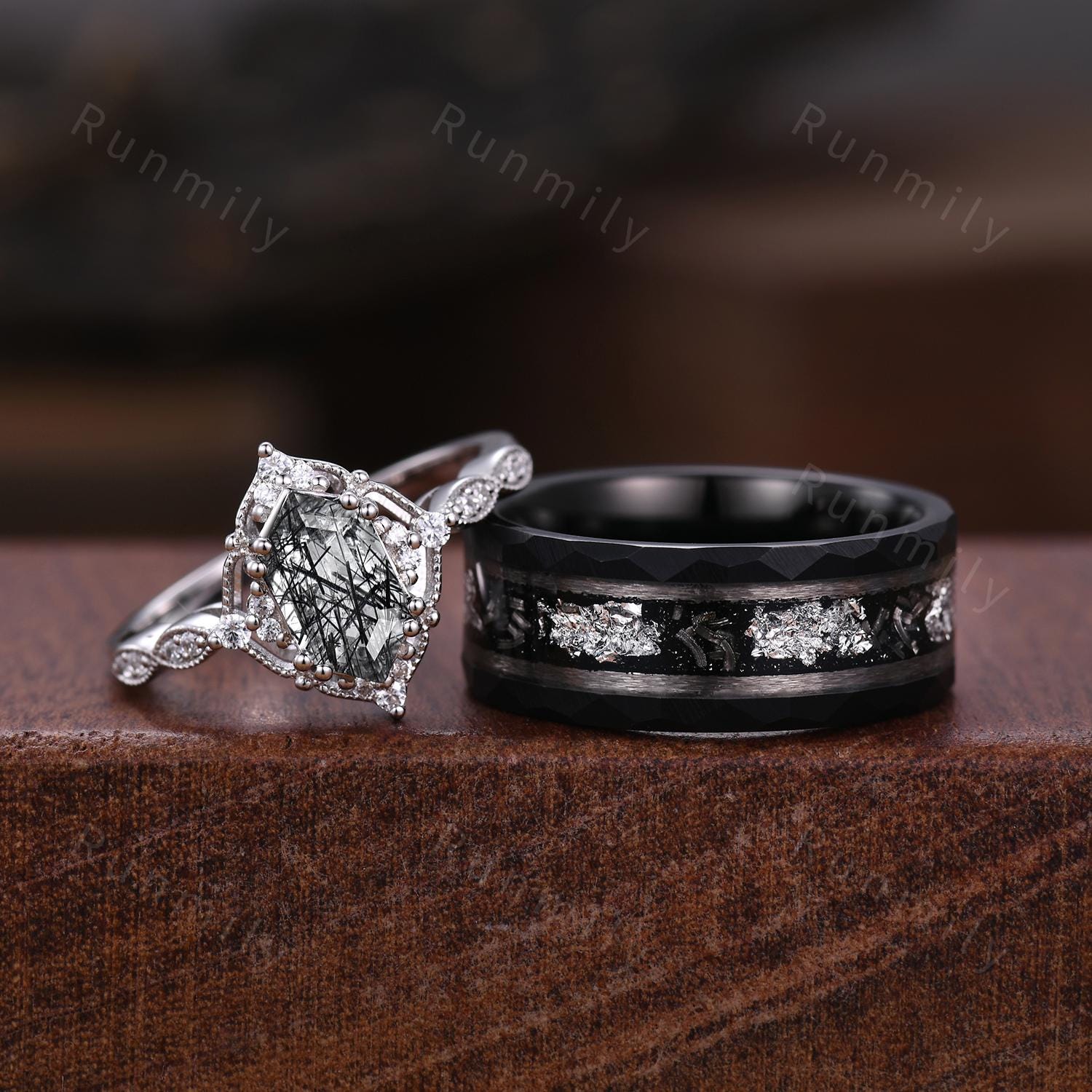 Vintage Black Rutilated Quartz Couple Ring White Gold Matching Ring Set His and Hers Wedding Band Unique Promise Ring For Men For Women Gift