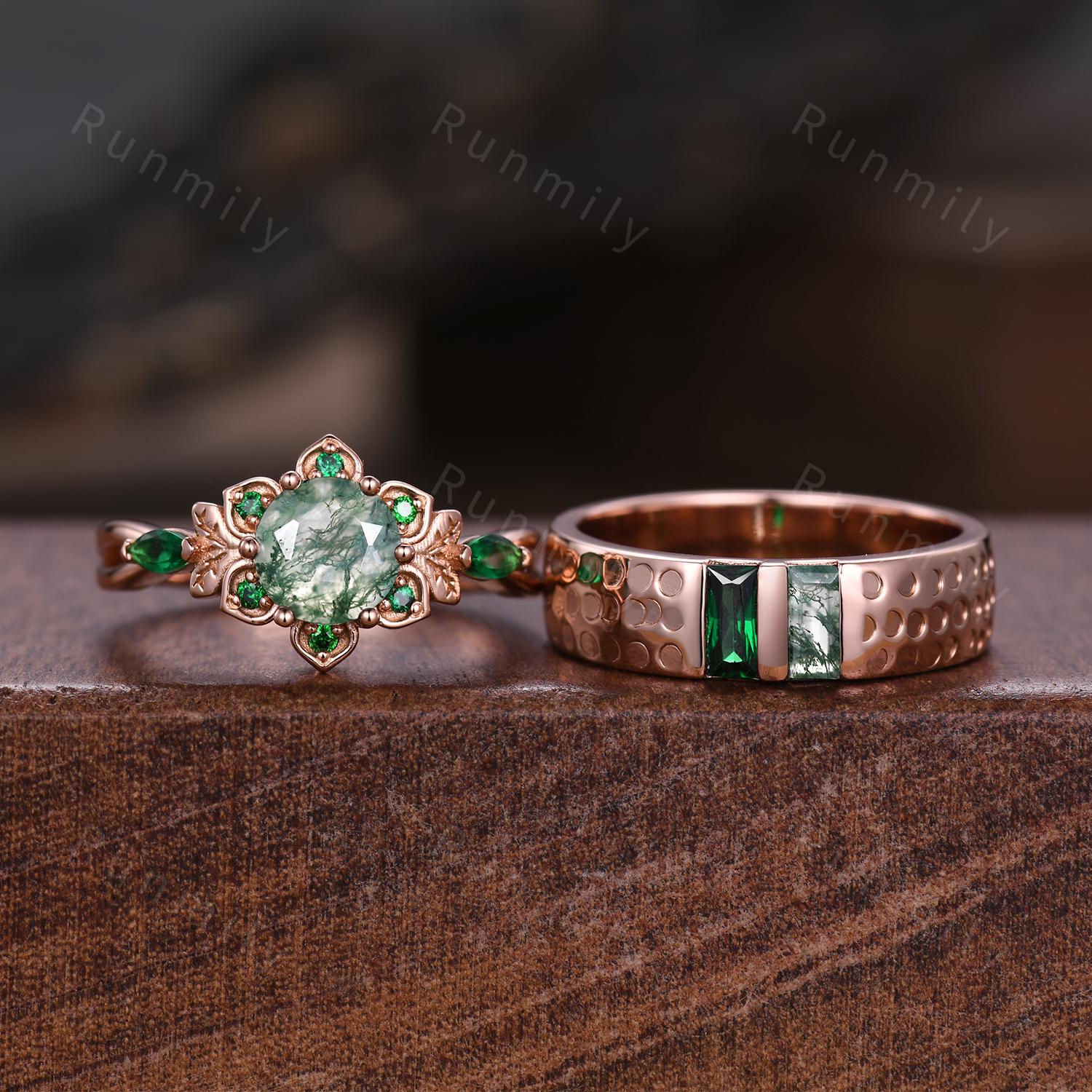 Moss Agate and Emerald Couples Ring Set Vintage Floral Engagement Ring Vintage Rose Gold His and Hers Wedding Band Mens Baguette Gem Ring
